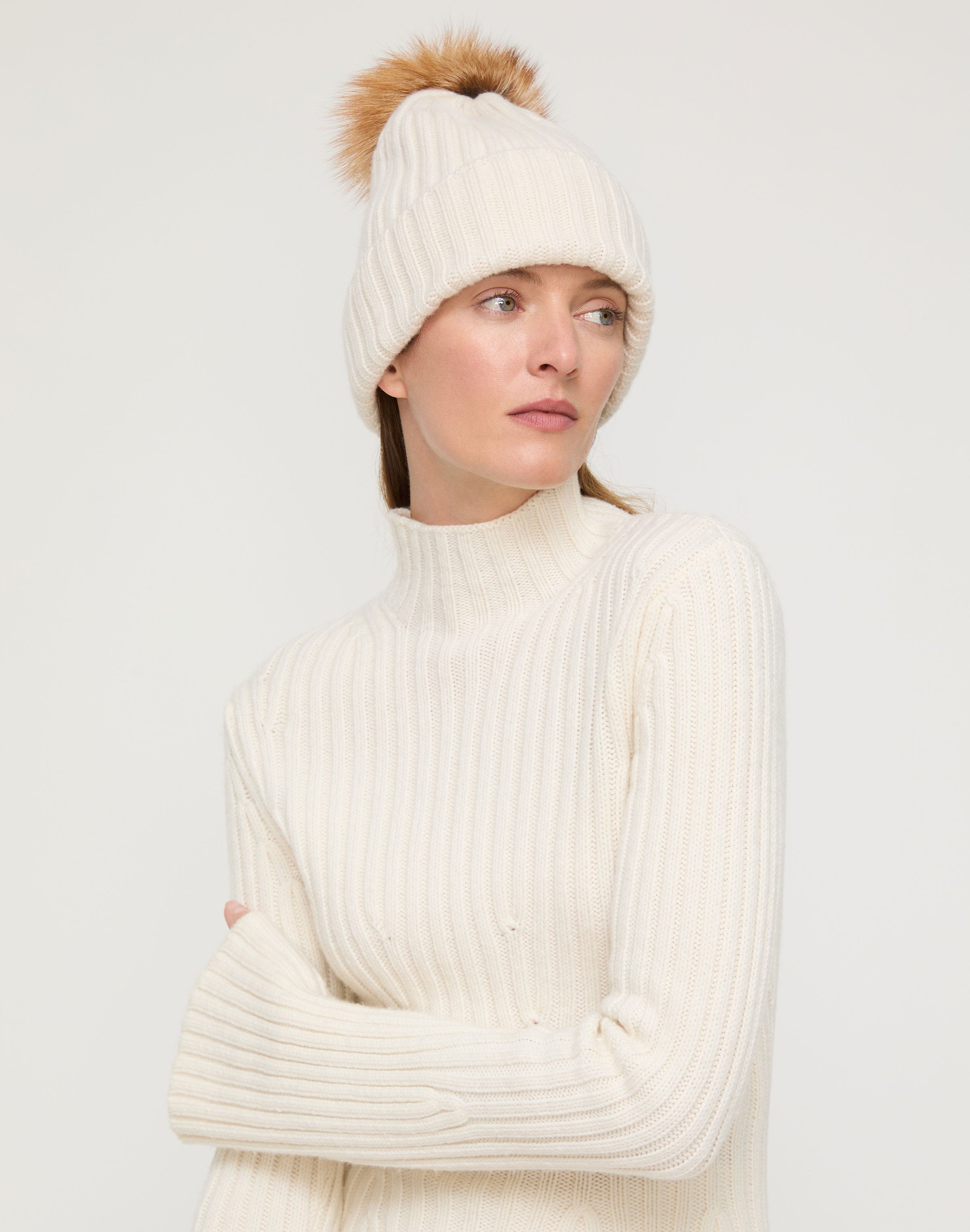 Cashmere Fox Pom Ribbed Beanie
