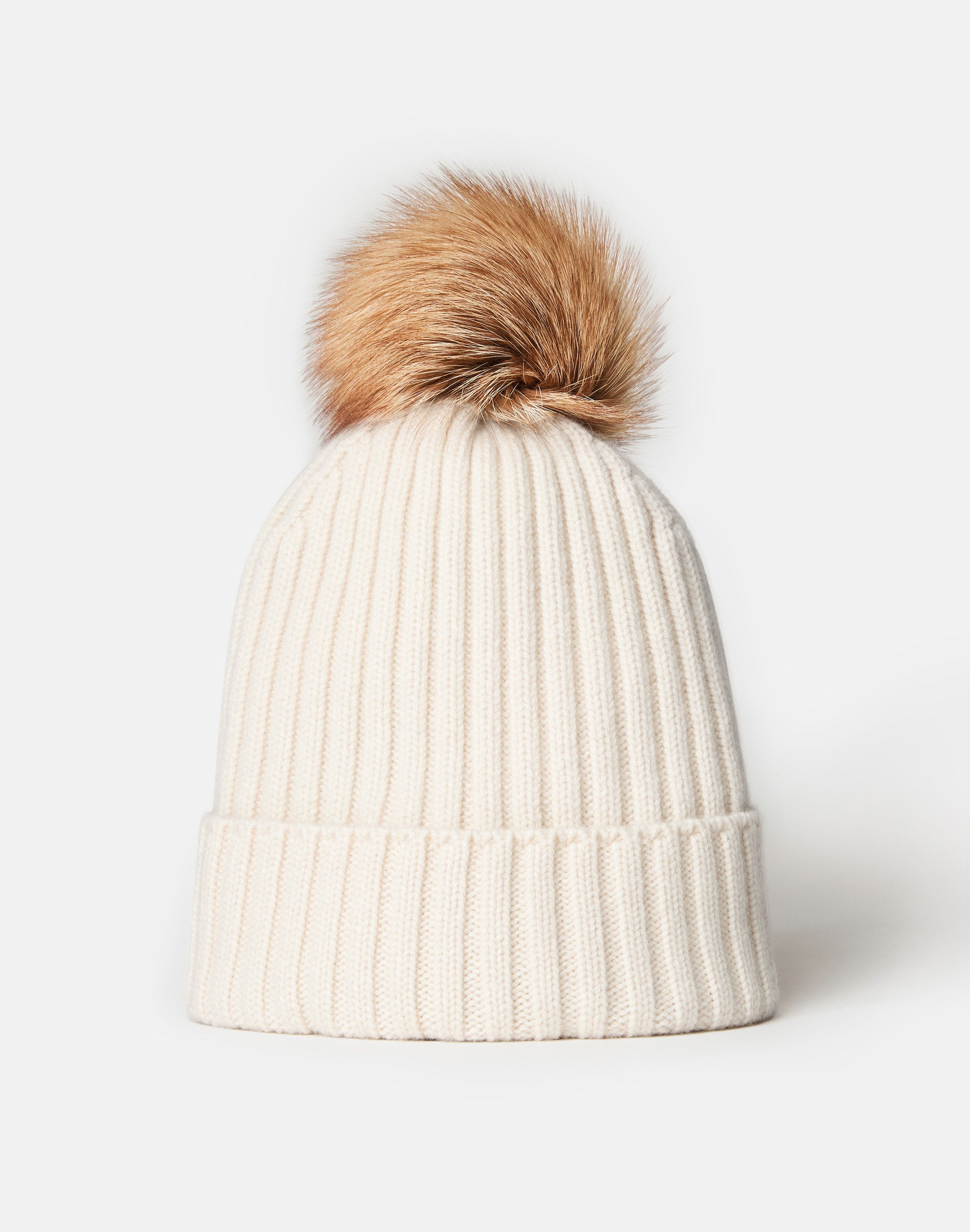 Cashmere Fox Pom Ribbed Beanie