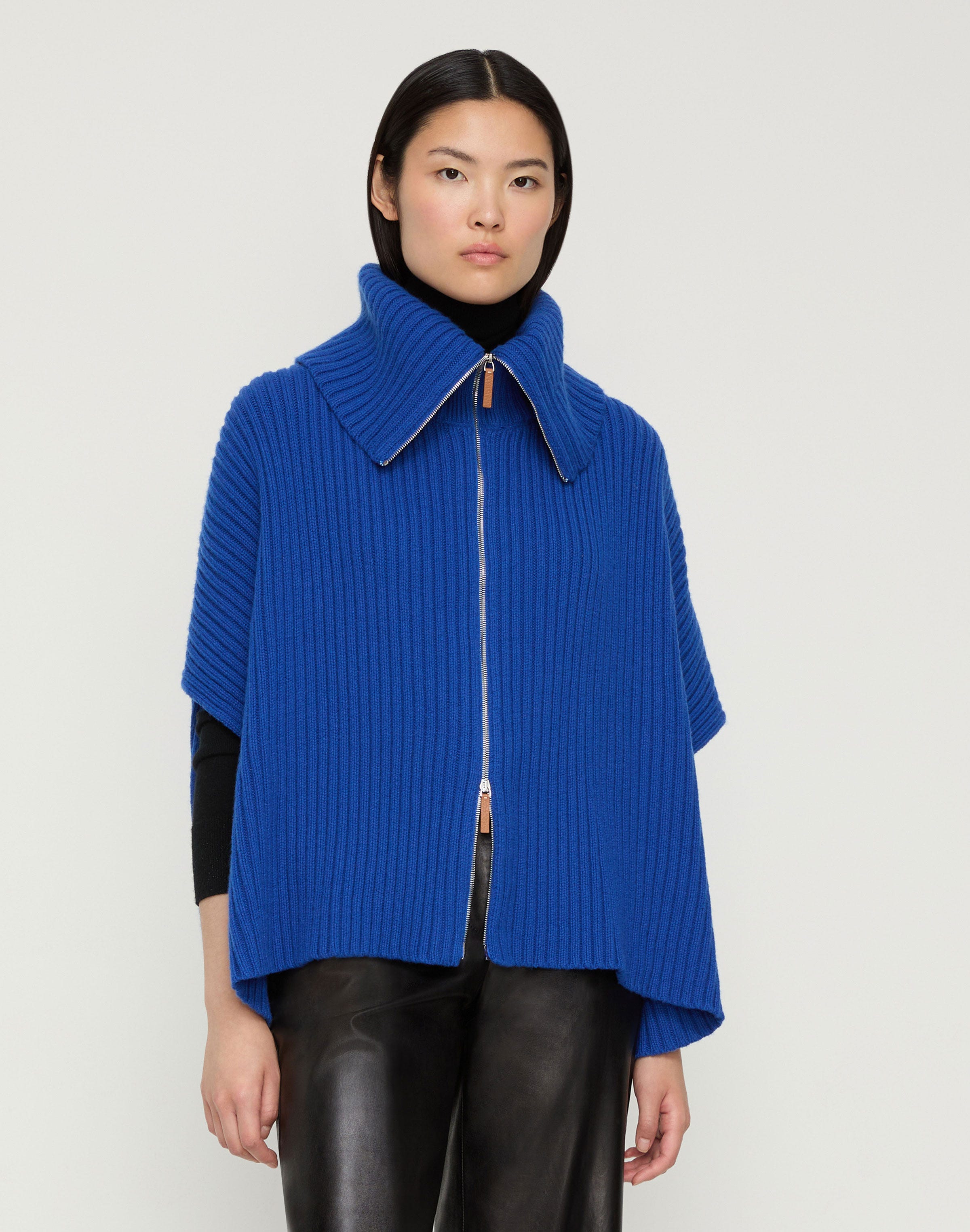 Merino Wool-Cashmere Ribbed Zip Front Poncho