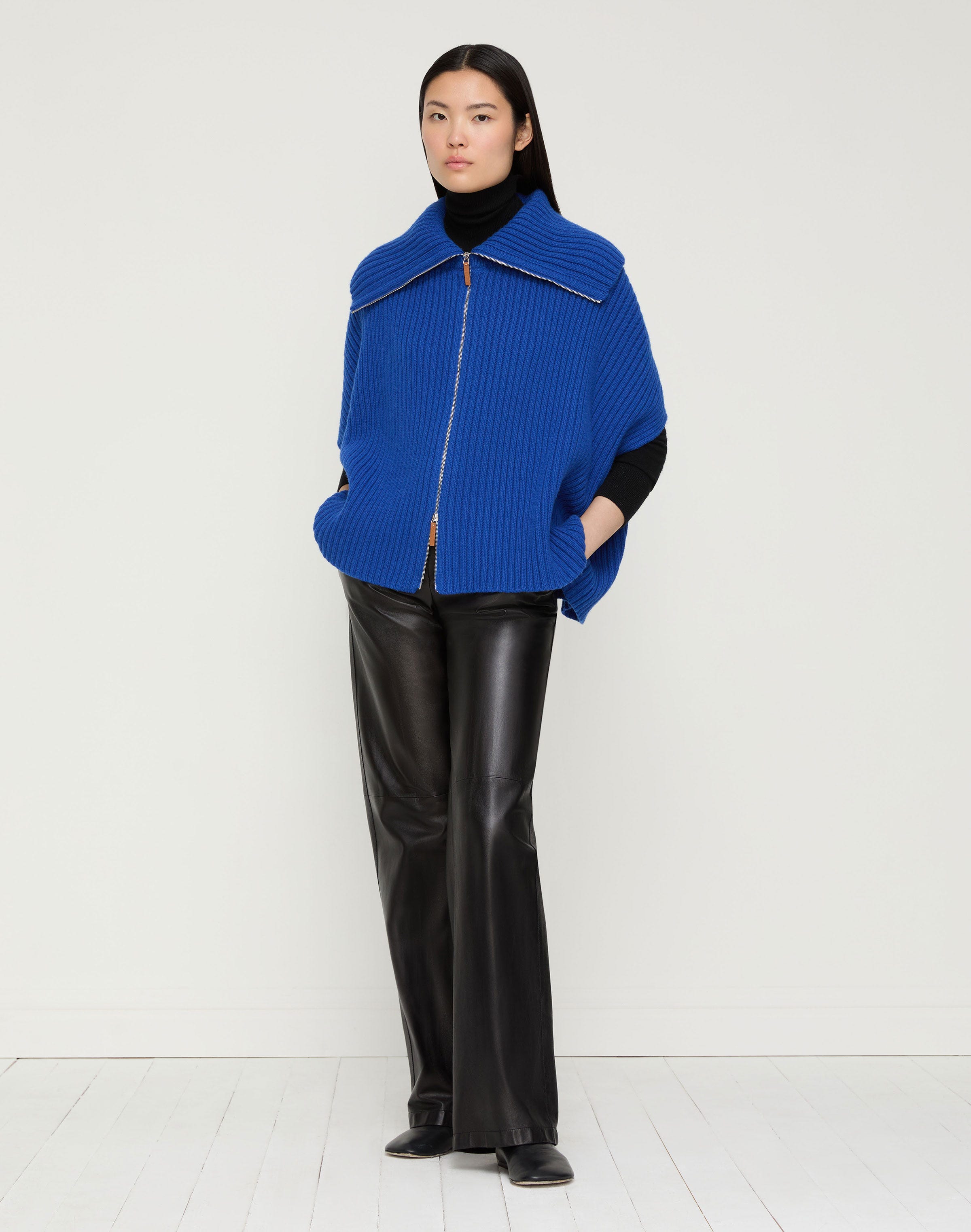 Merino Wool-Cashmere Ribbed Zip Front Poncho