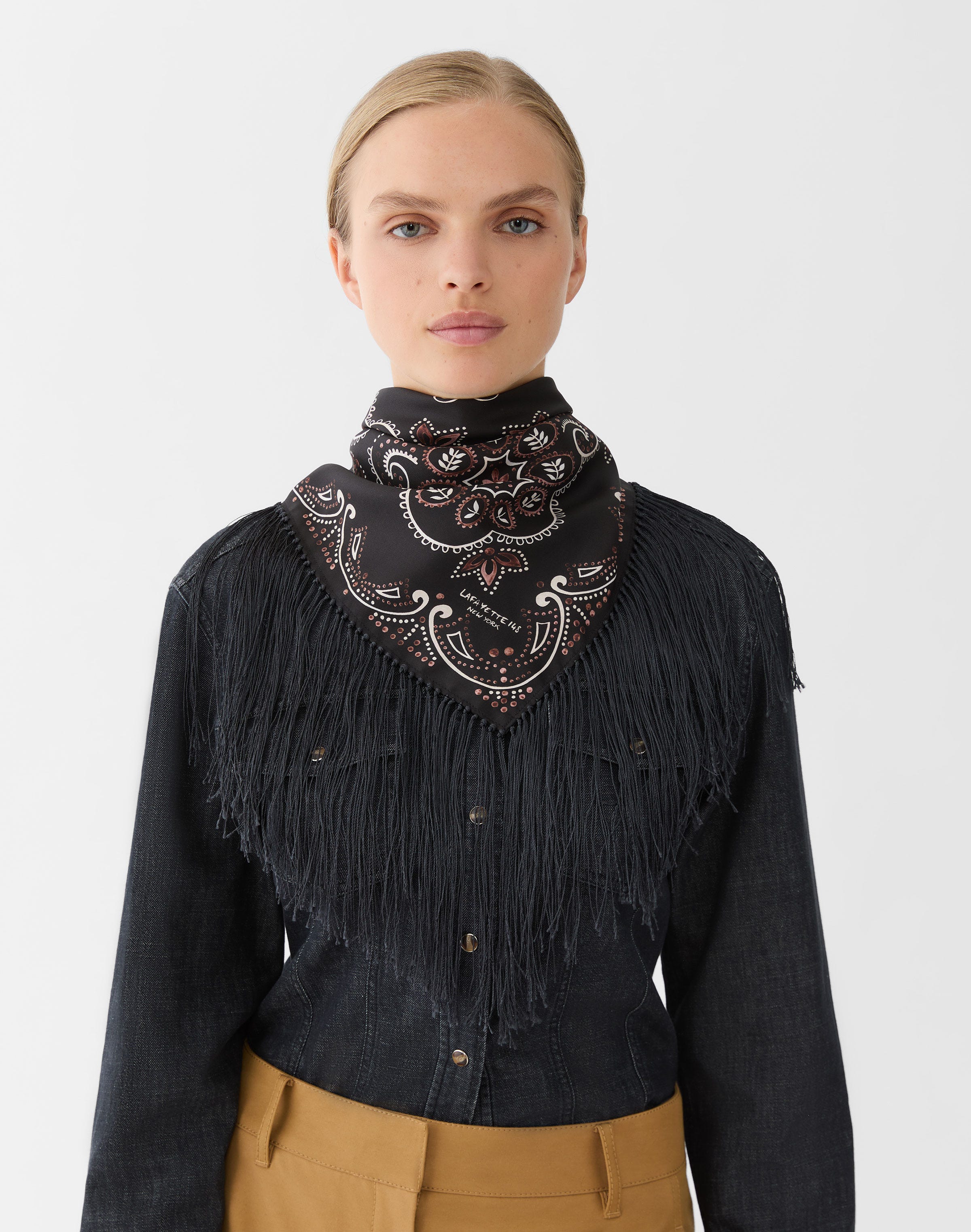 Bandana Print Silk Twill Fringed Triangle Scarf
