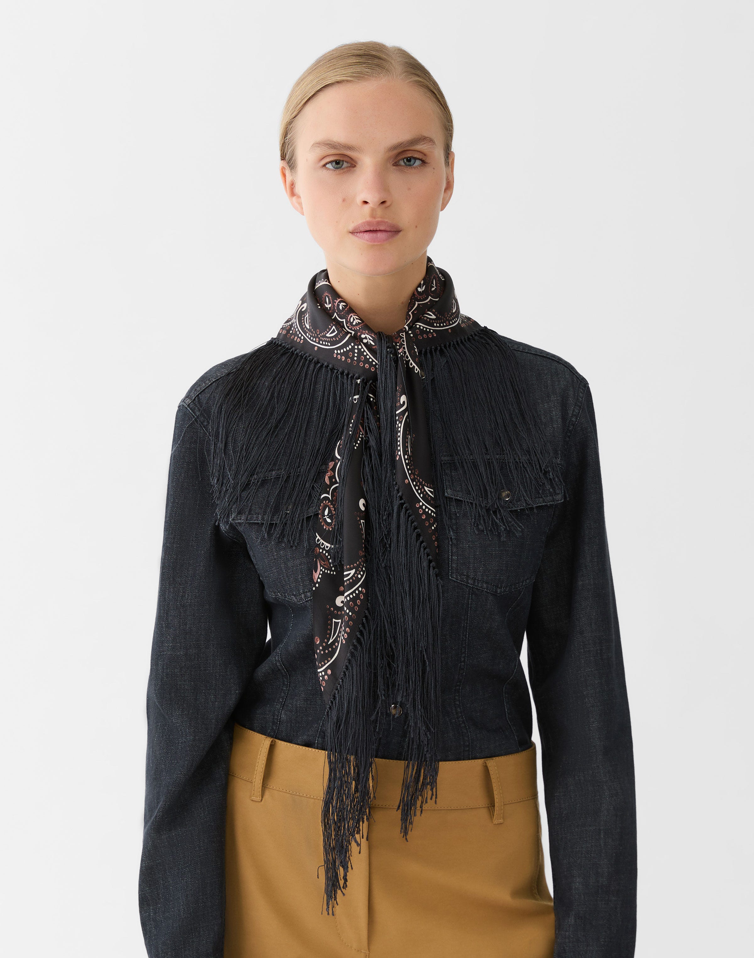 Bandana Print Silk Twill Fringed Triangle Scarf