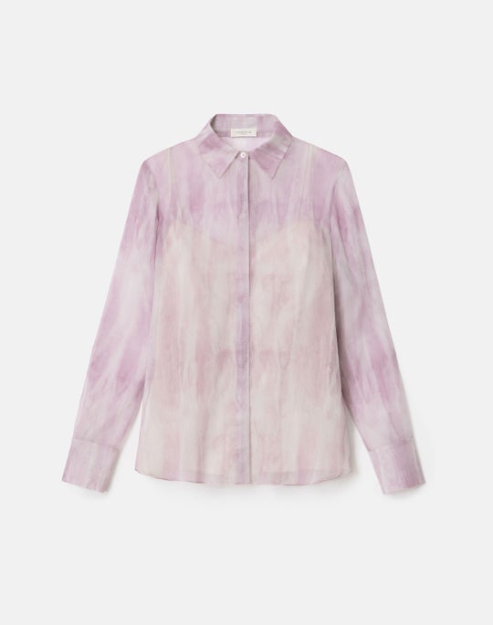 Plus-Size Washed Glaze Print Silk Crépon Button Blouse