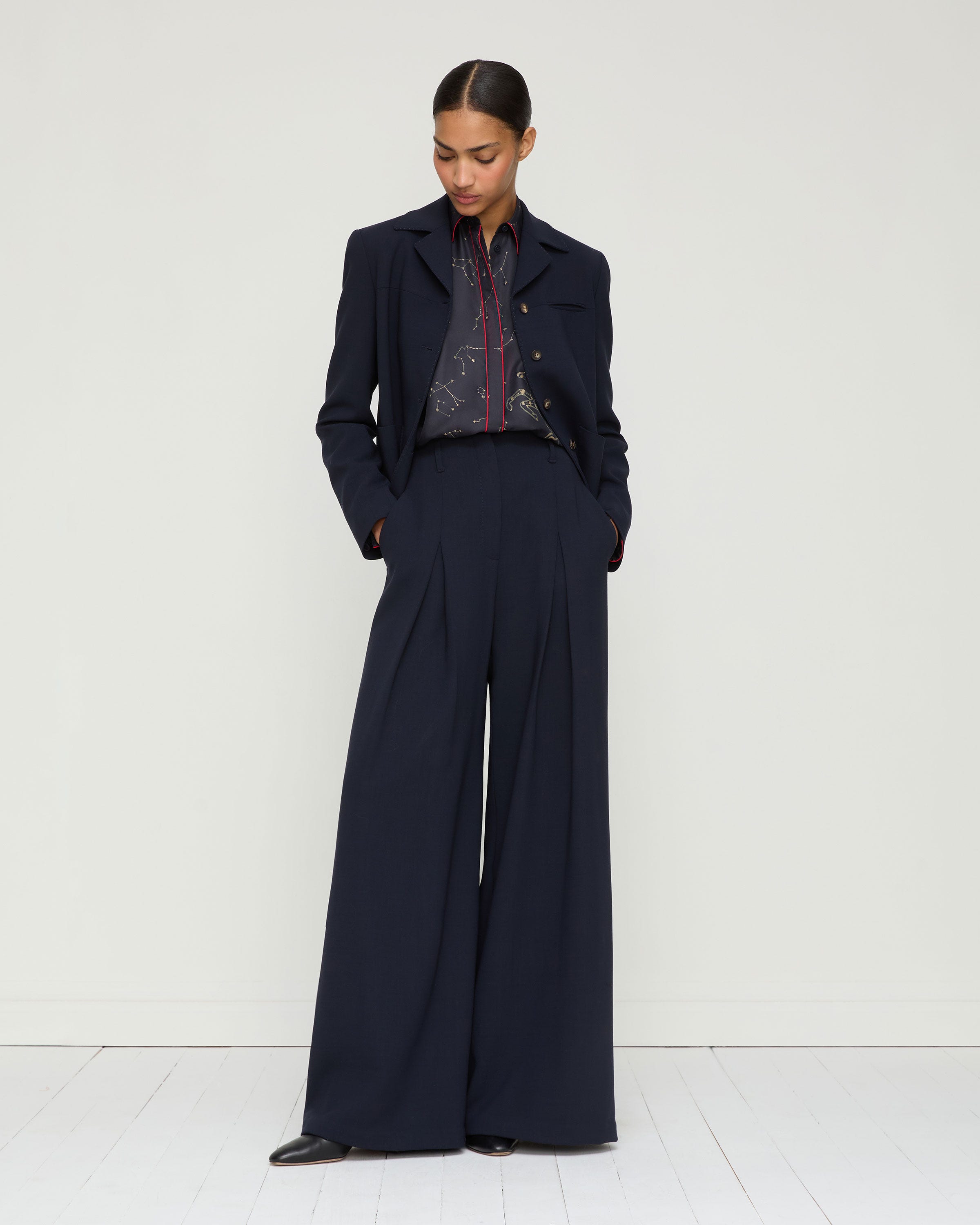 Constellation Print Silk Twill Button Blouse
