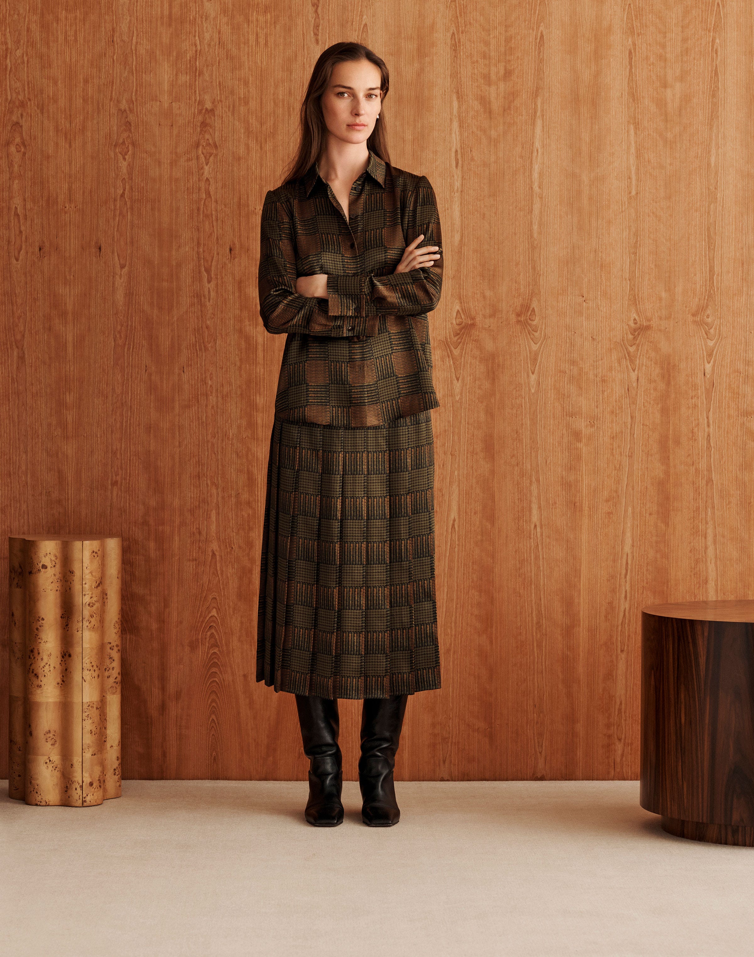 Glen Plaid Silk Blouse and Skirt