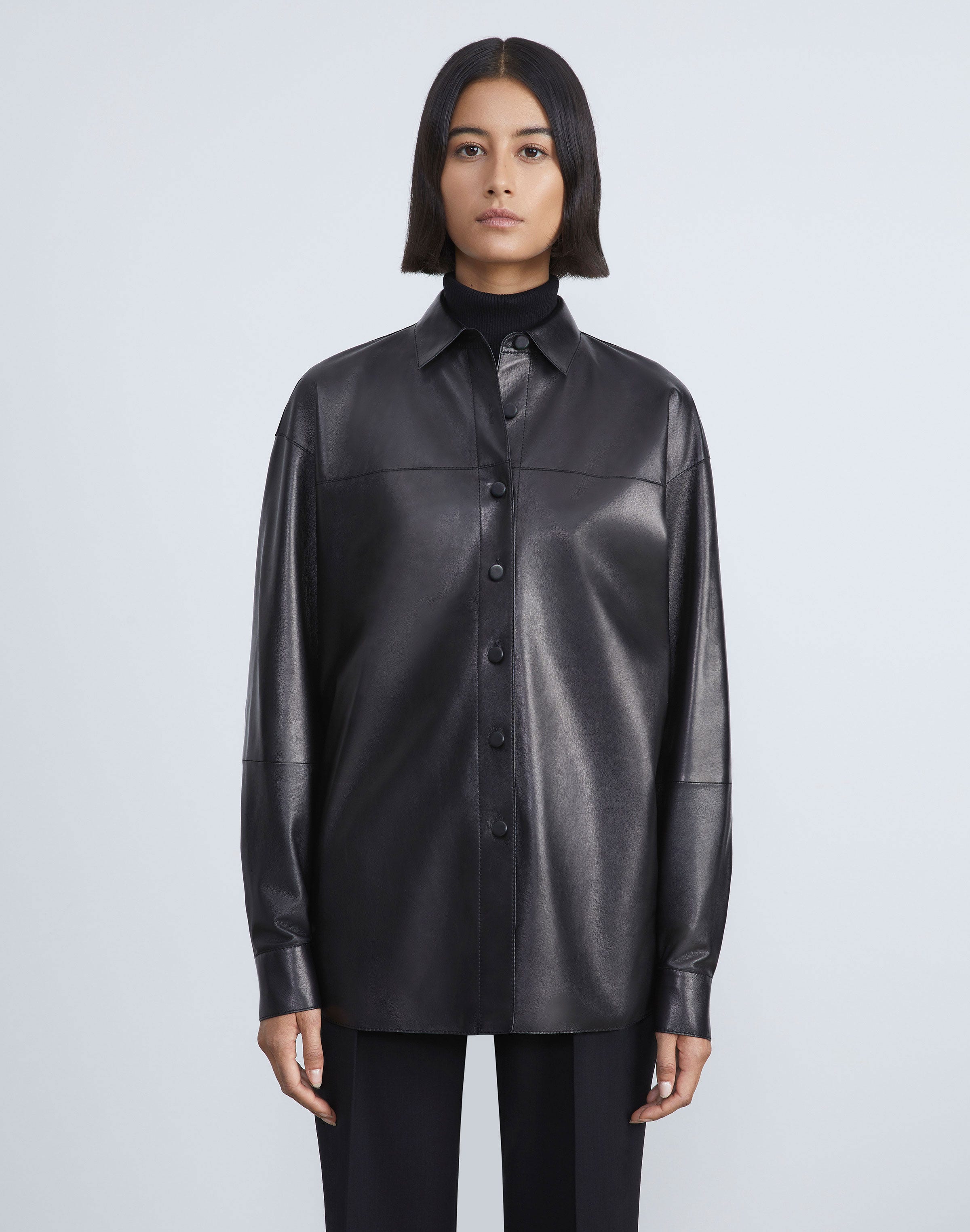 Plus-Size Nappa Lambskin Leather Shirt Jacket
