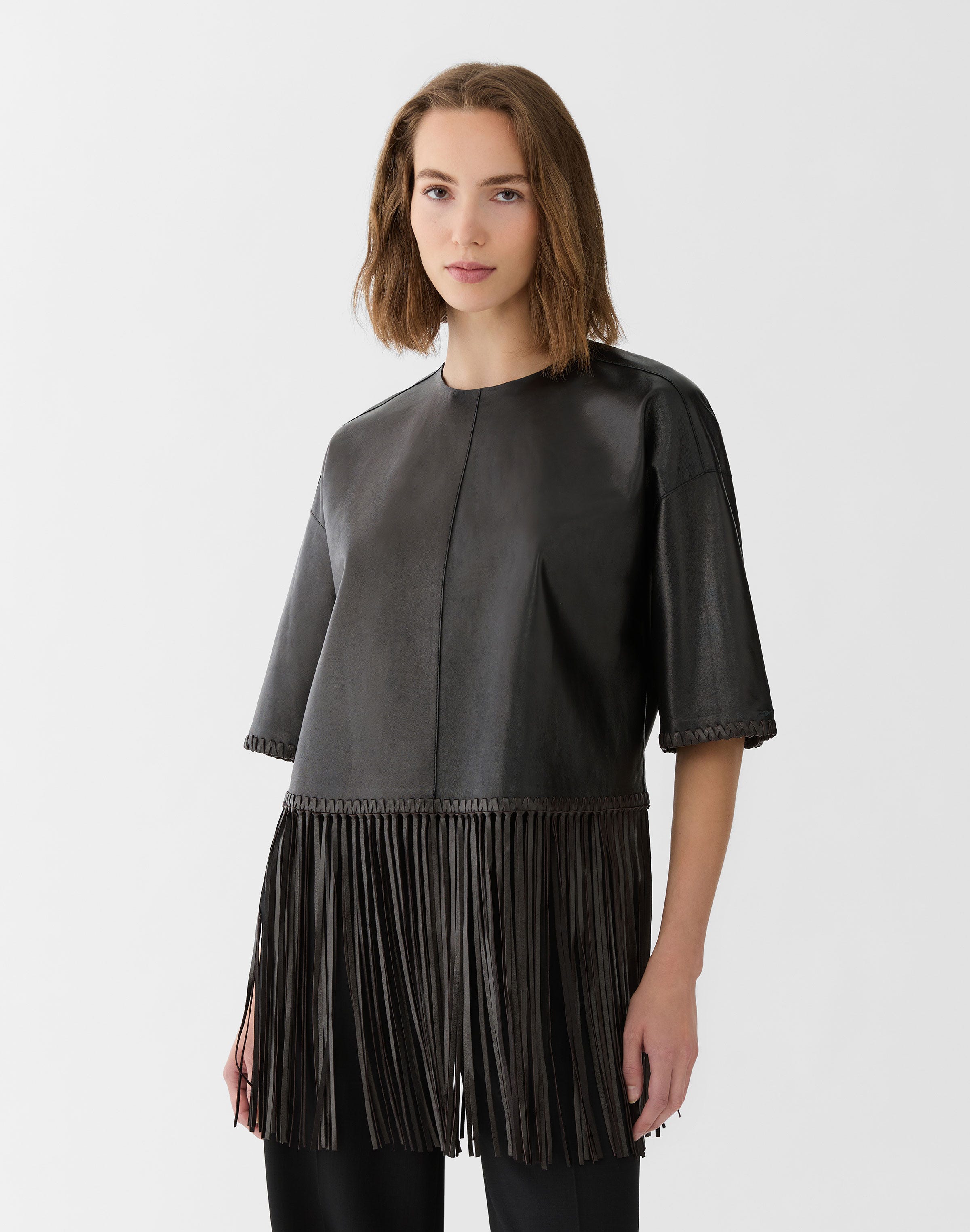 Nappa Leather Whipstitch Fringed Blouse