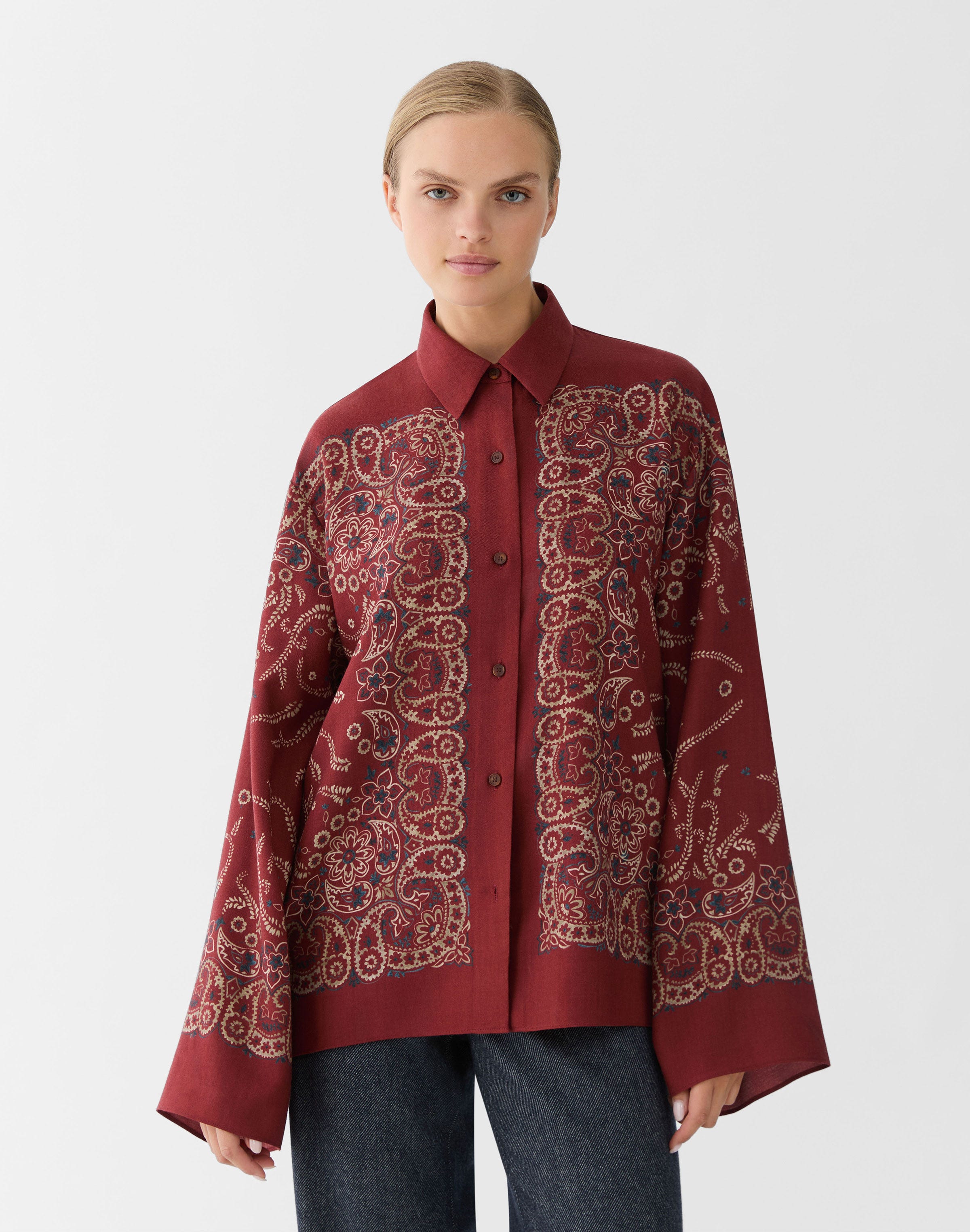 Bandana Print Wool-Silk Bell Sleeve Shirt