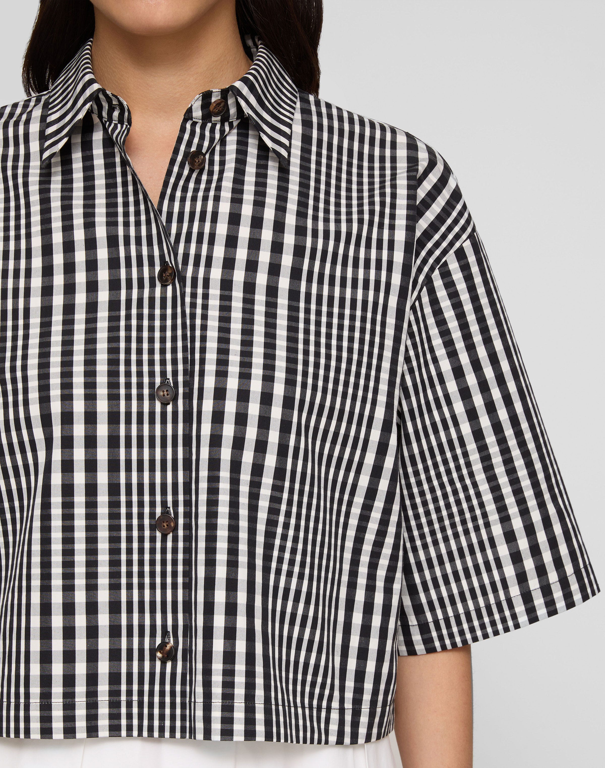 Grid Plaid Cotton Cropped Oversized Shirt