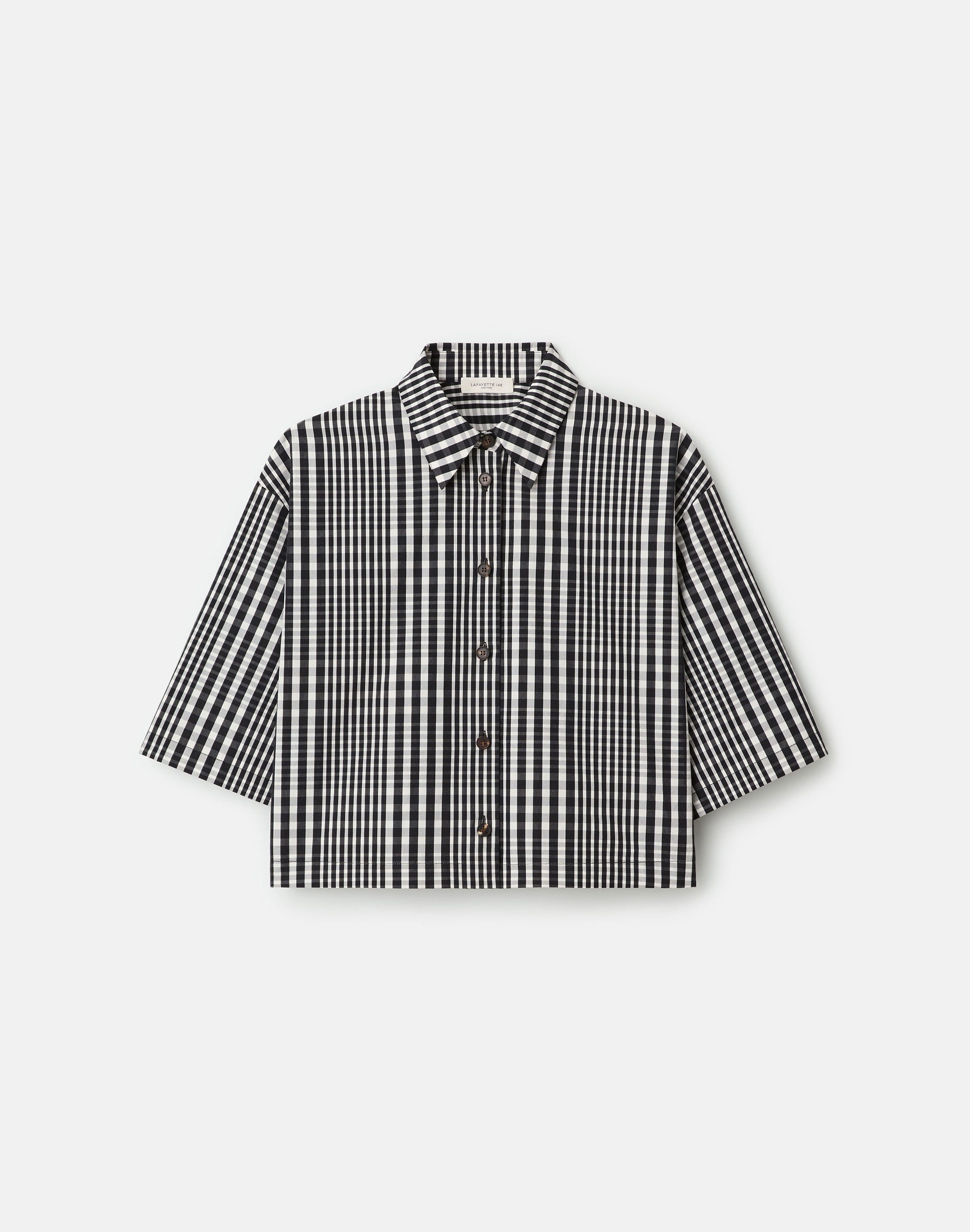 Grid Plaid Cotton Cropped Oversized Shirt