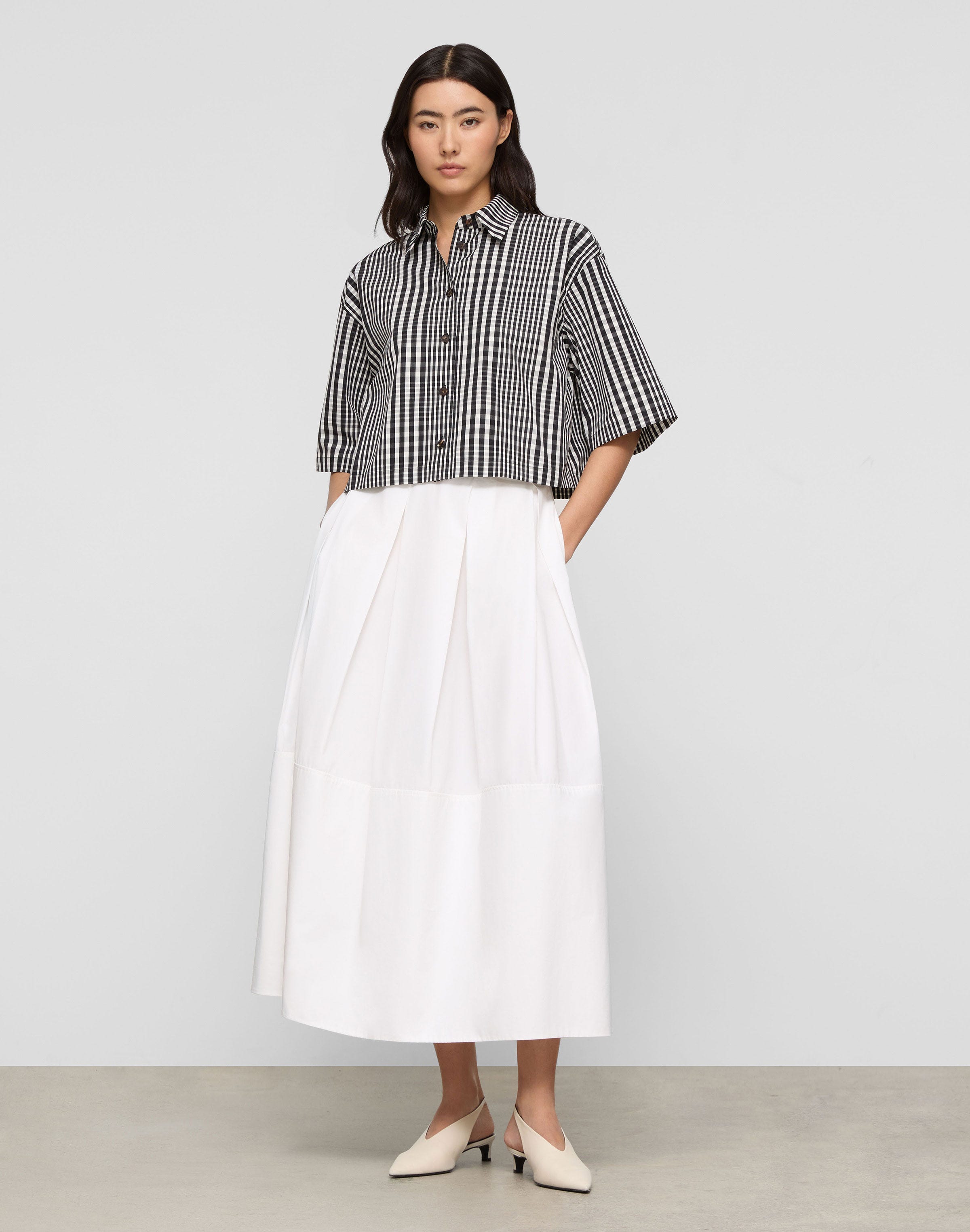 Grid Plaid Cotton Cropped Oversized Shirt