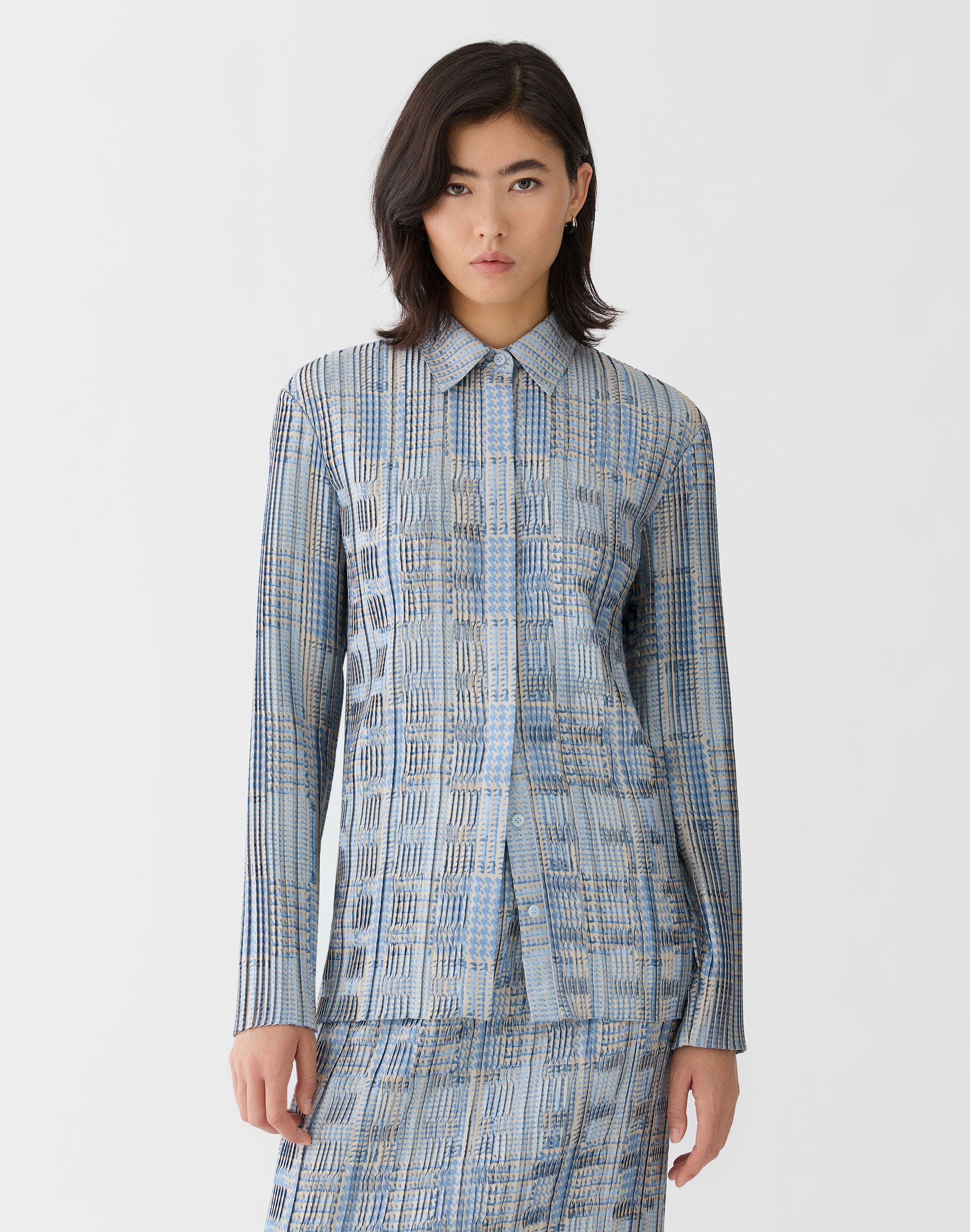 Glen Plaid Print Twill Plissé Blouse
