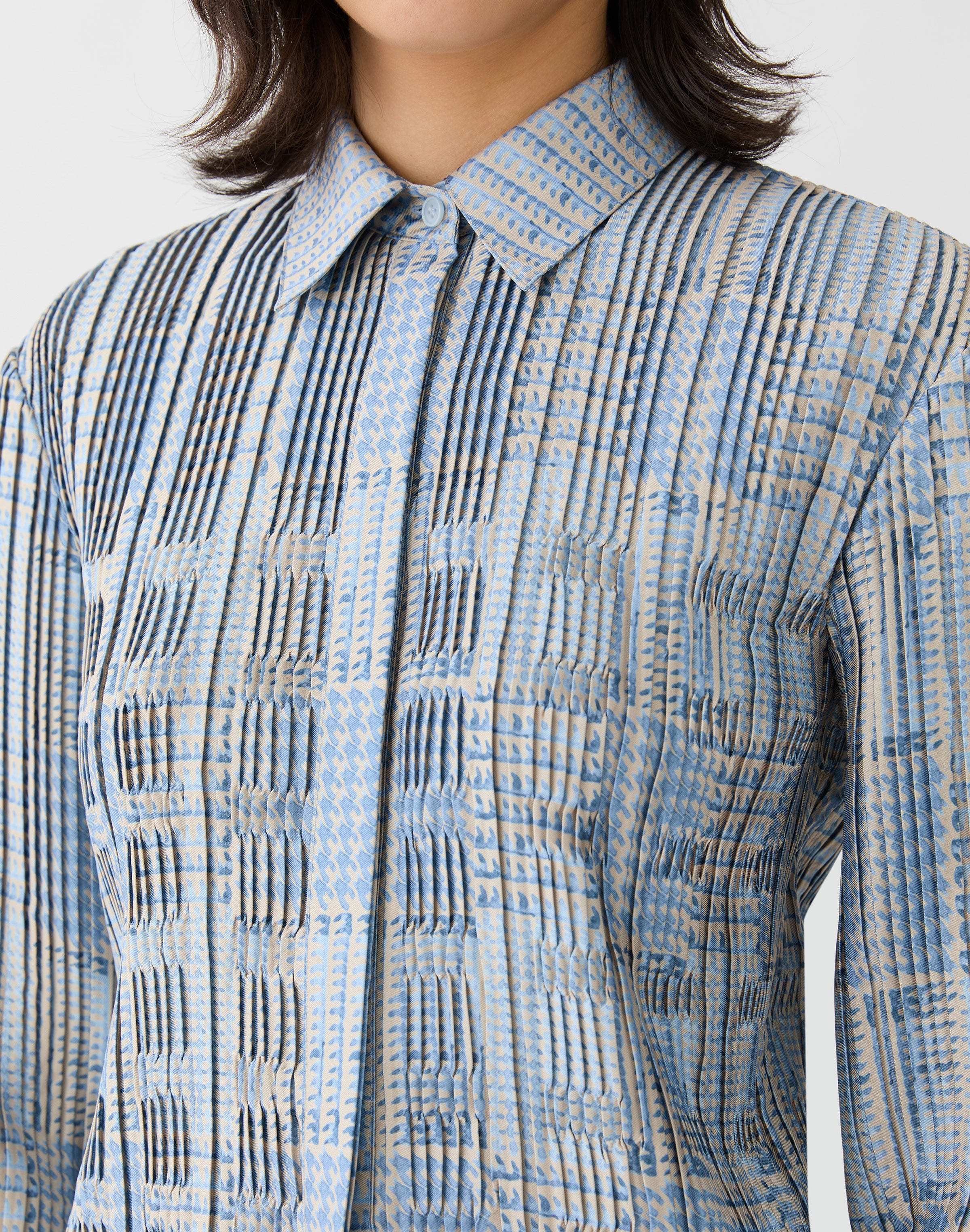 Glen Plaid Print Twill Plissé Blouse