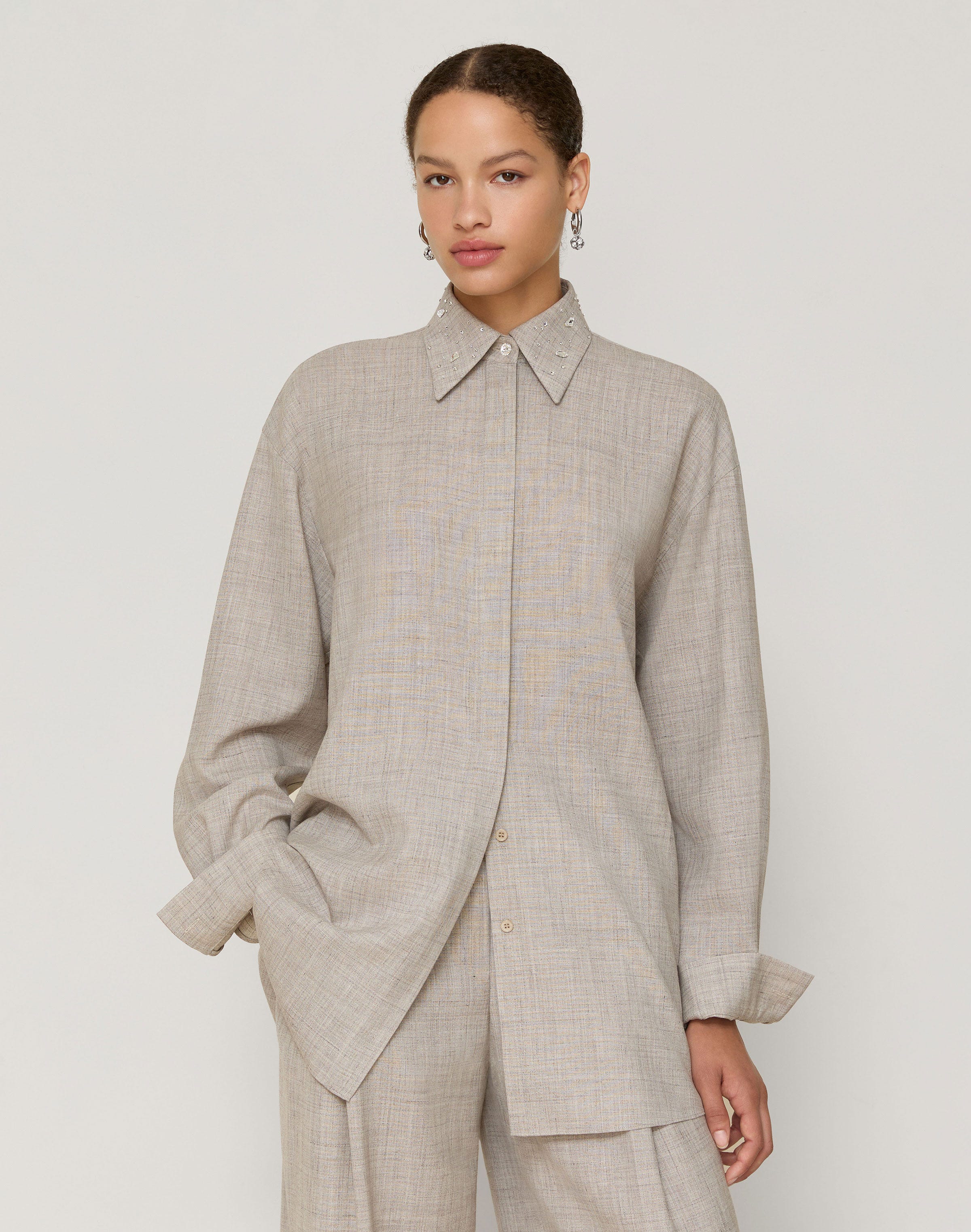 Tropical Wool-Silk Crystal Embellished Collar Oversized Shirt 