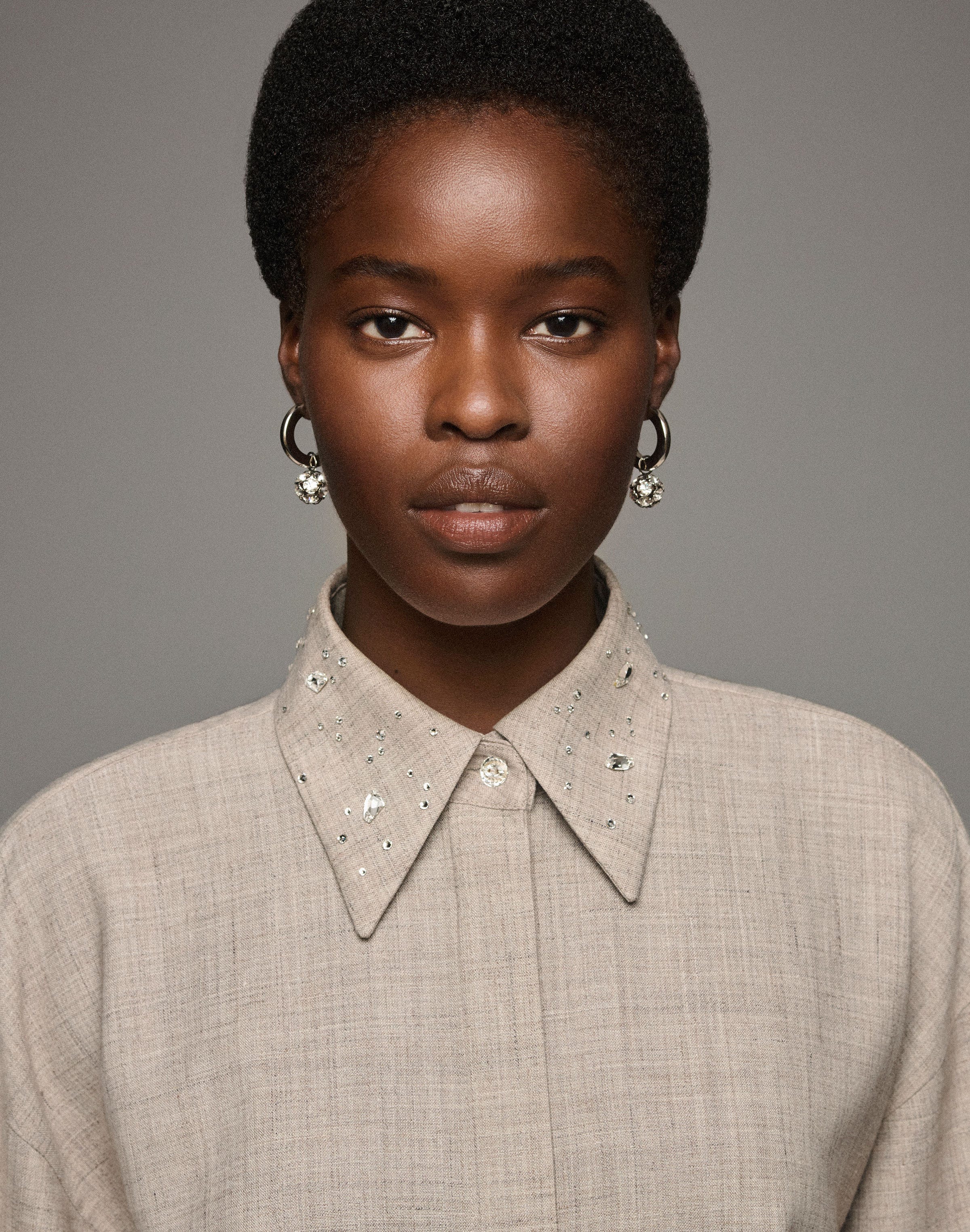 Tropical Wool-Silk Crystal Embellished Collar Oversized Shirt 