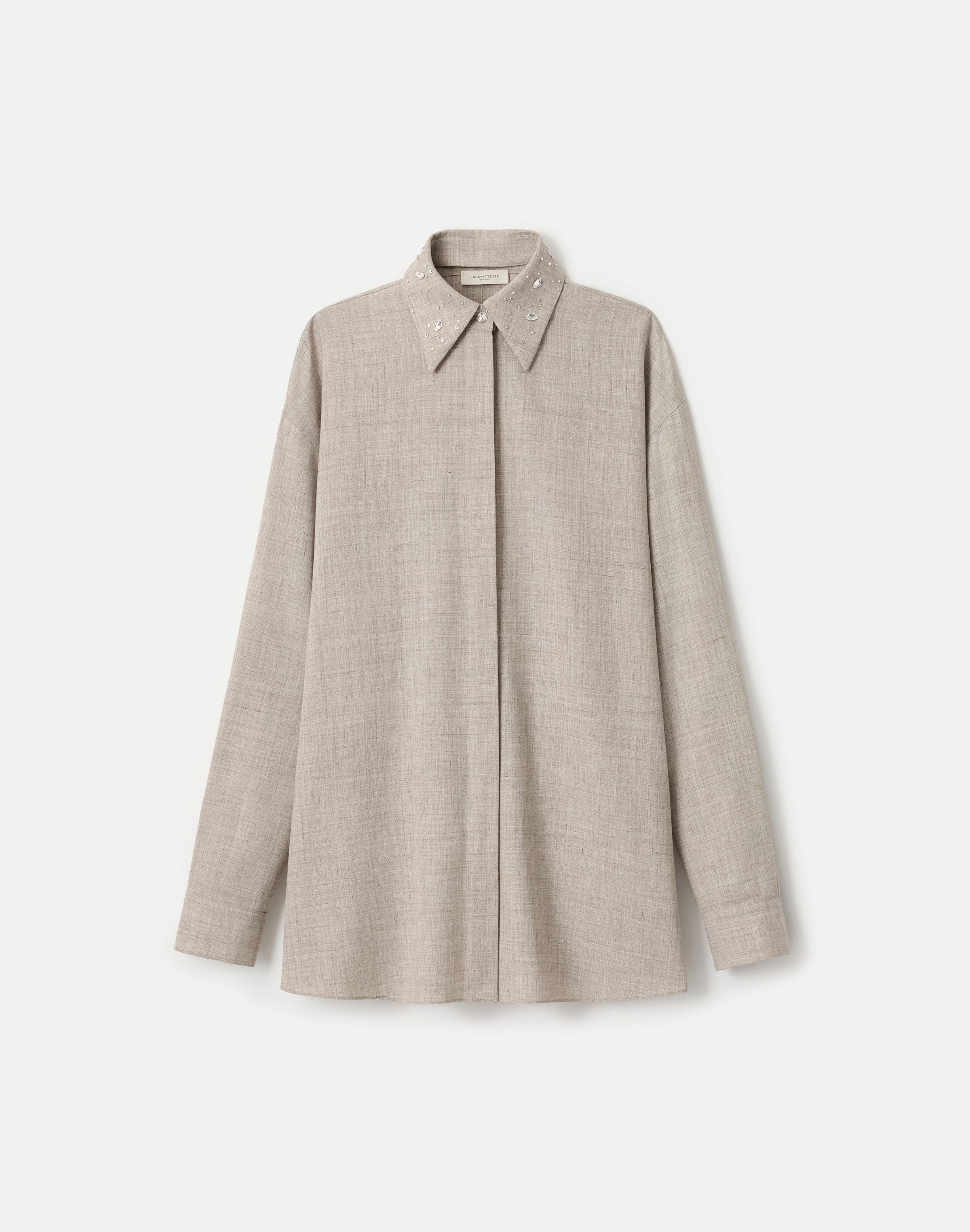 Tropical Wool-Silk Crystal Embellished Collar Oversized Shirt 