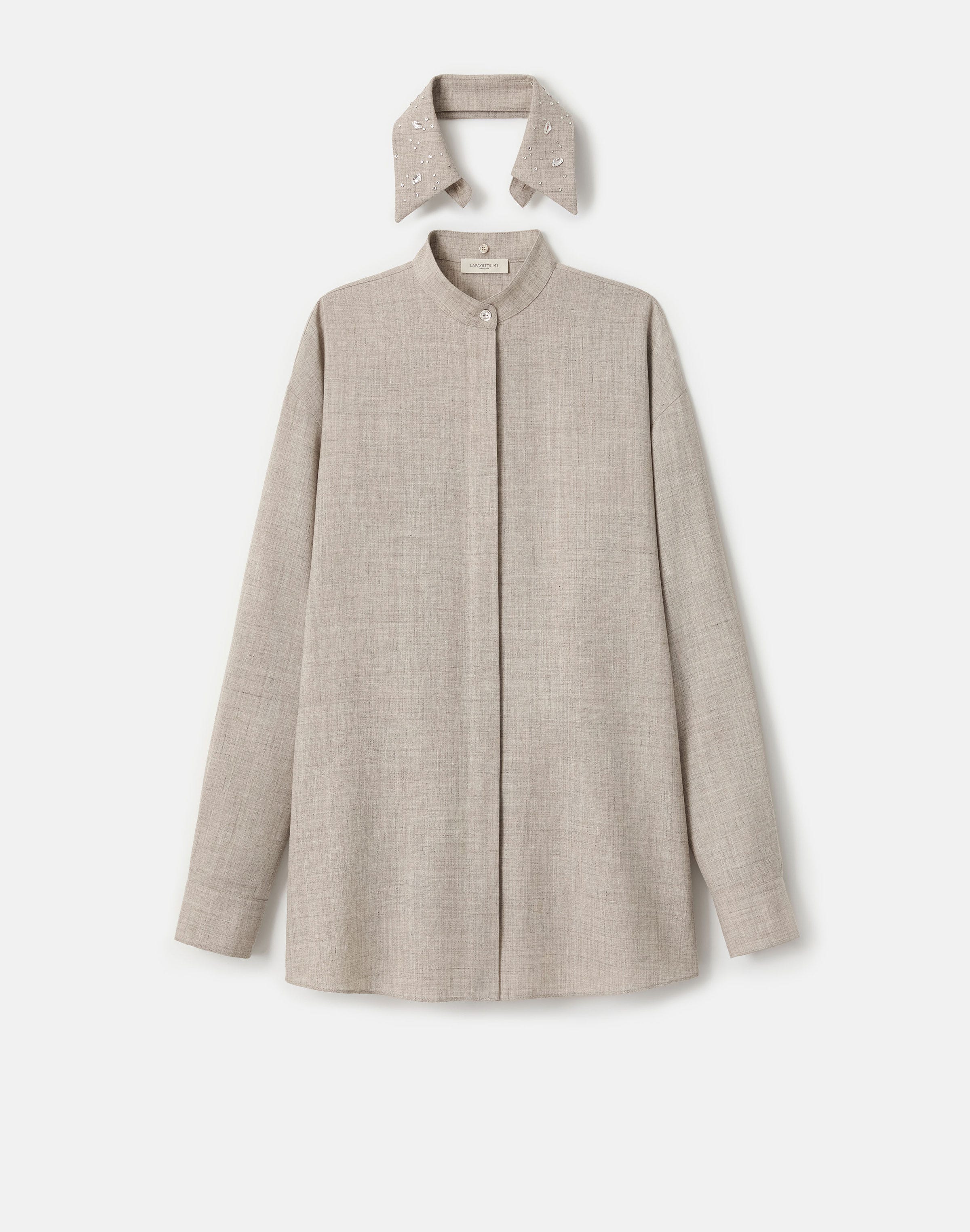 Tropical Wool-Silk Crystal Embellished Collar Oversized Shirt 