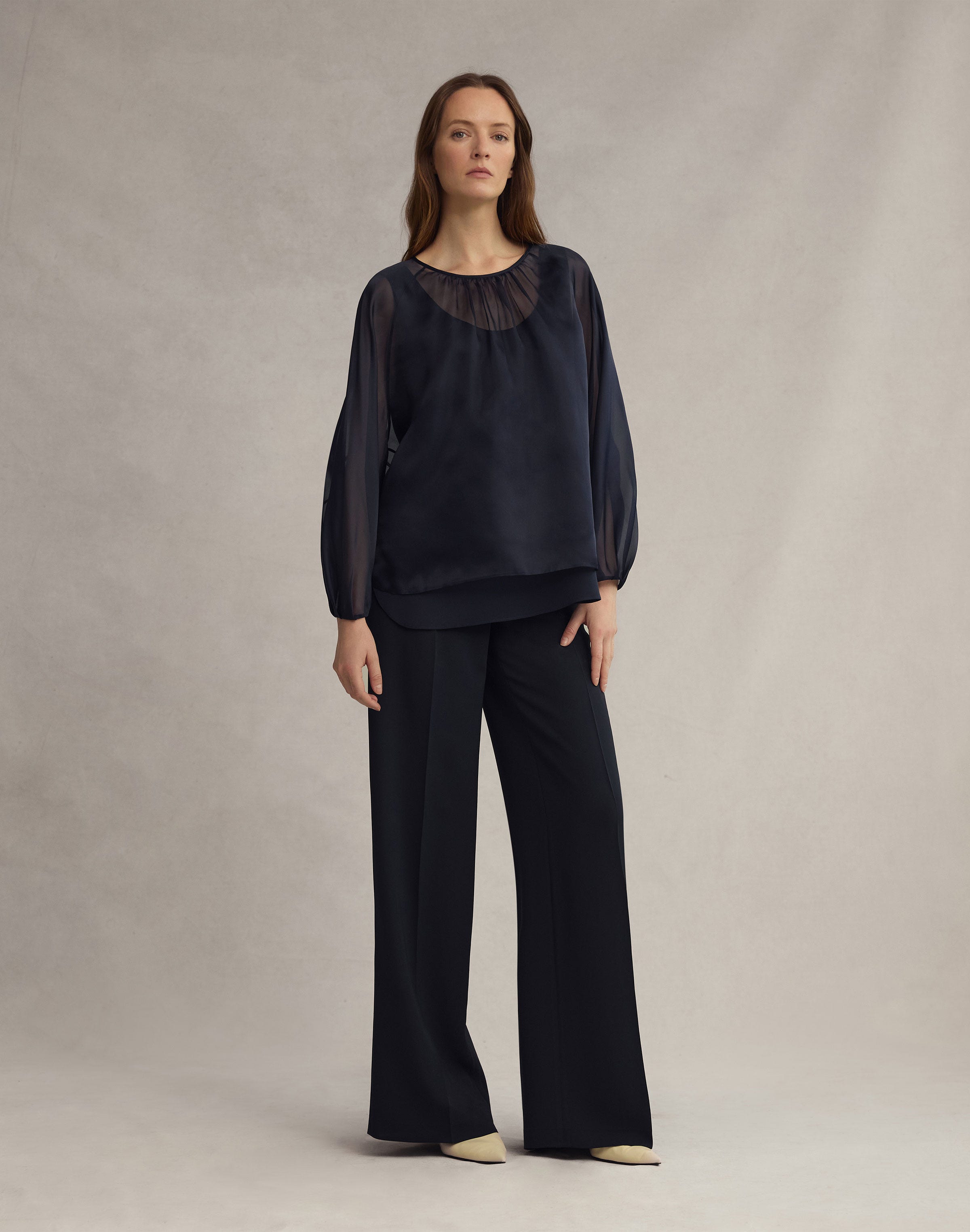 Organza Silk Blouson Sleeve Oversized Blouse