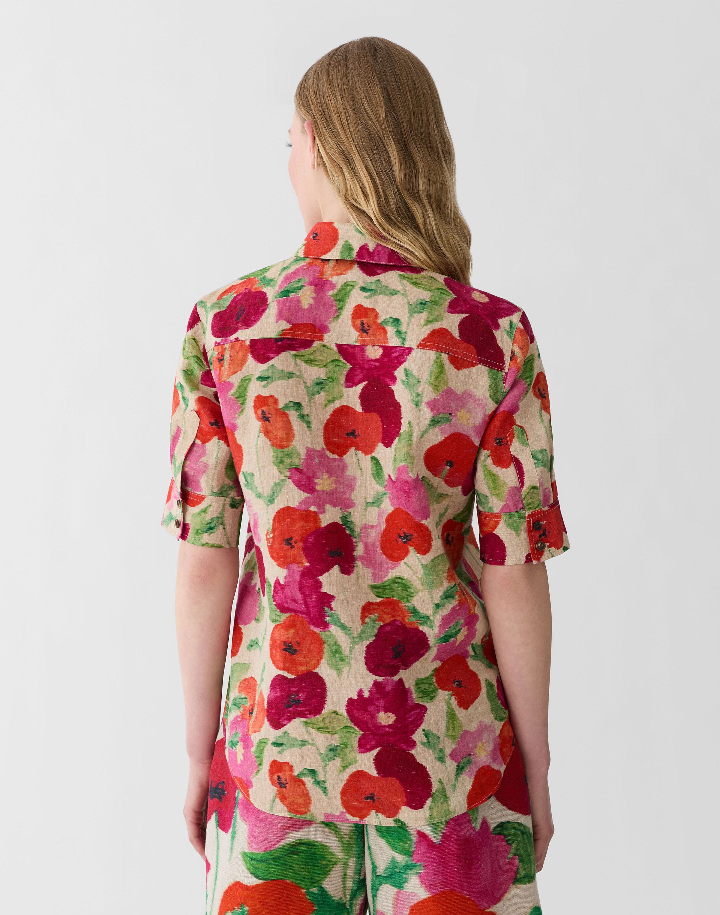 Plus-Size Blossom Print Organic Linen Patch Pocket Shirt