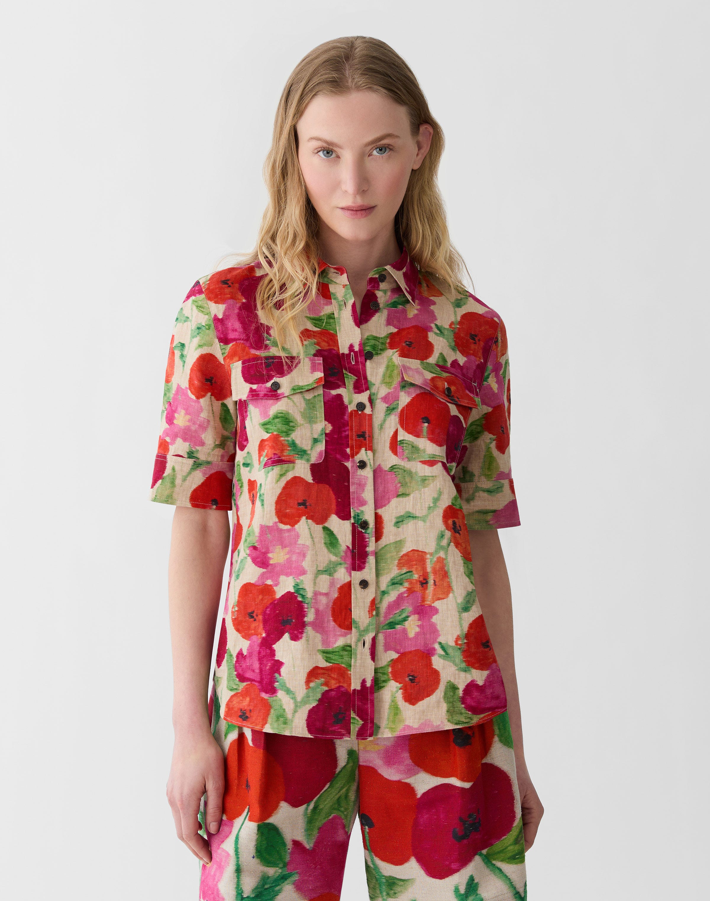 Plus-Size Blossom Print Organic Linen Patch Pocket Shirt