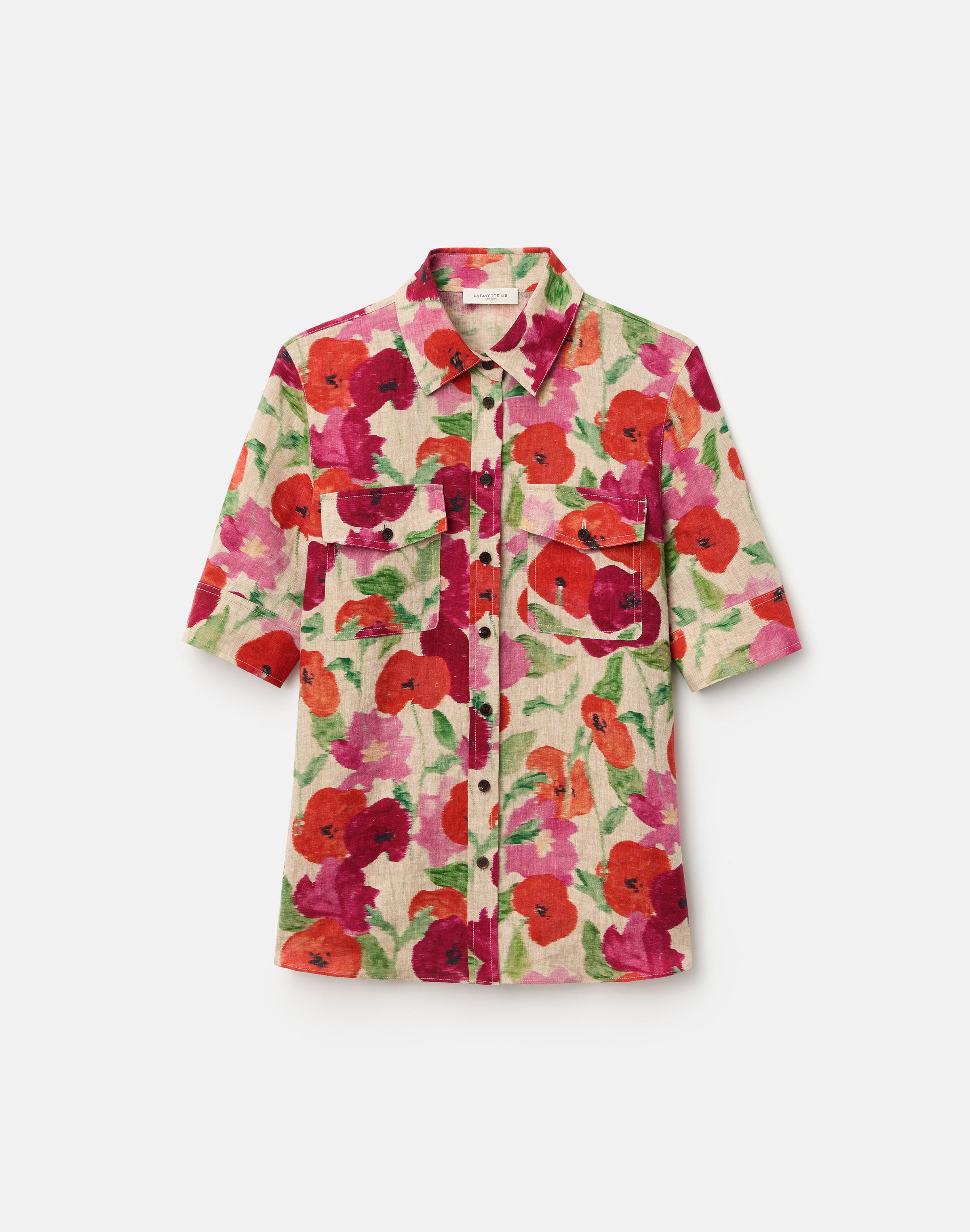 Plus-Size Blossom Print Organic Linen Patch Pocket Shirt