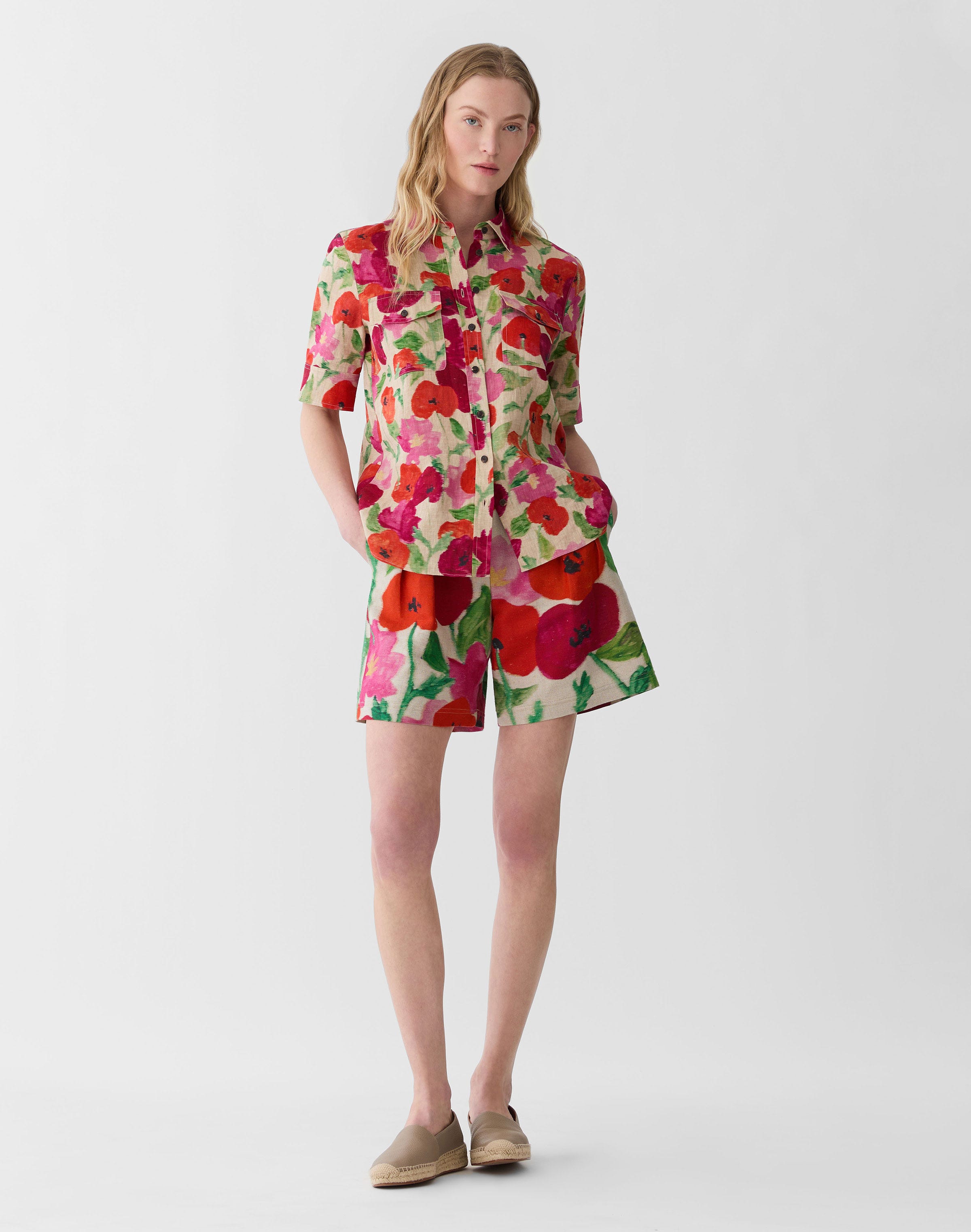Plus-Size Blossom Print Organic Linen Patch Pocket Shirt