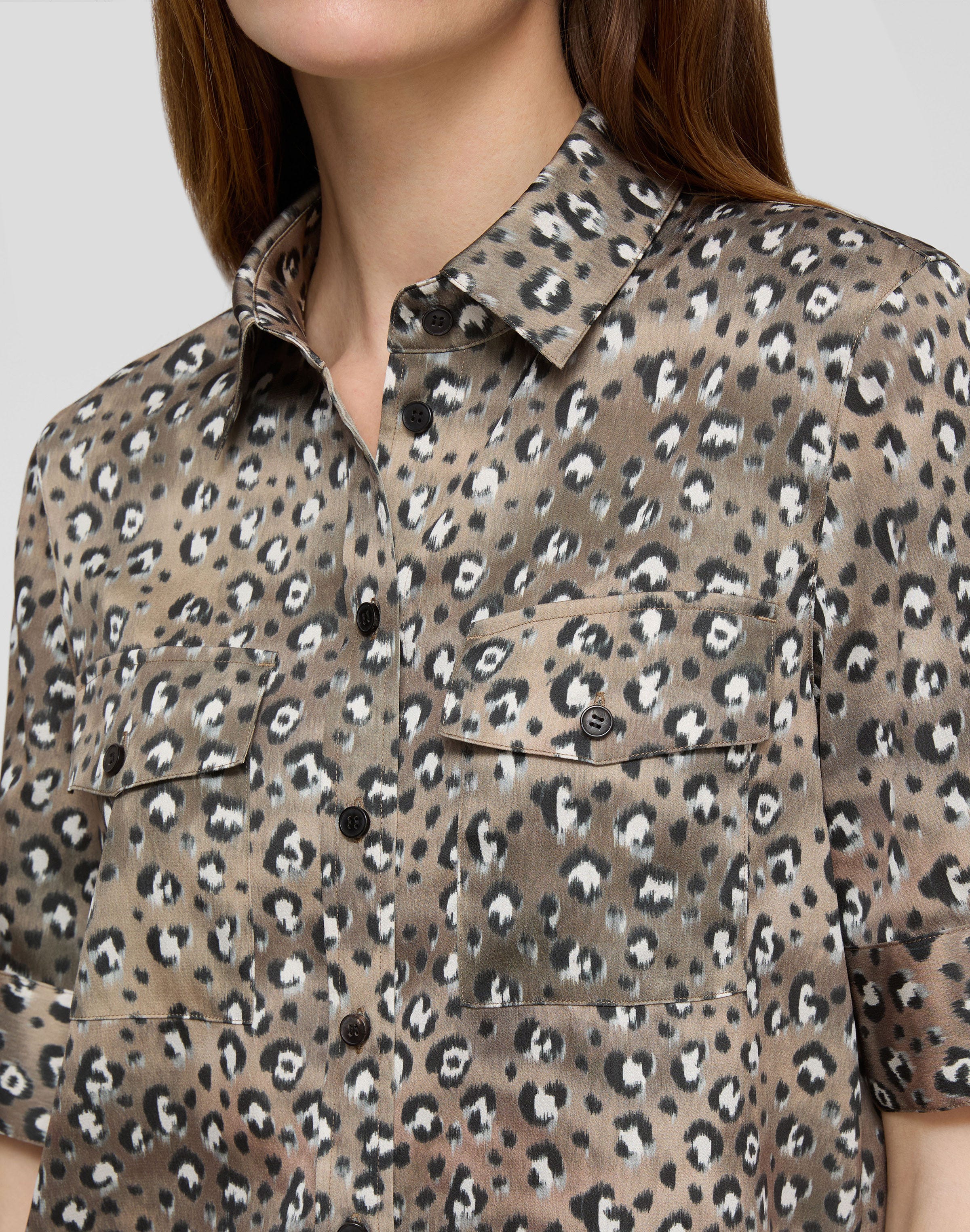 Leopard Print Satin Patch Pocket Blouse