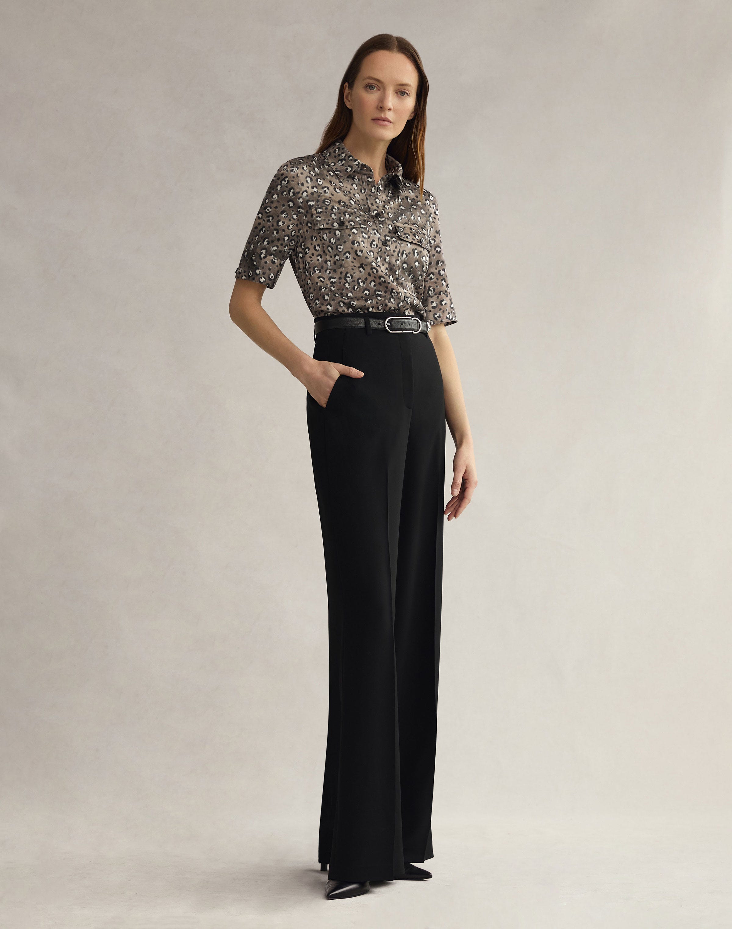 Leopard Print Satin Patch Pocket Blouse
