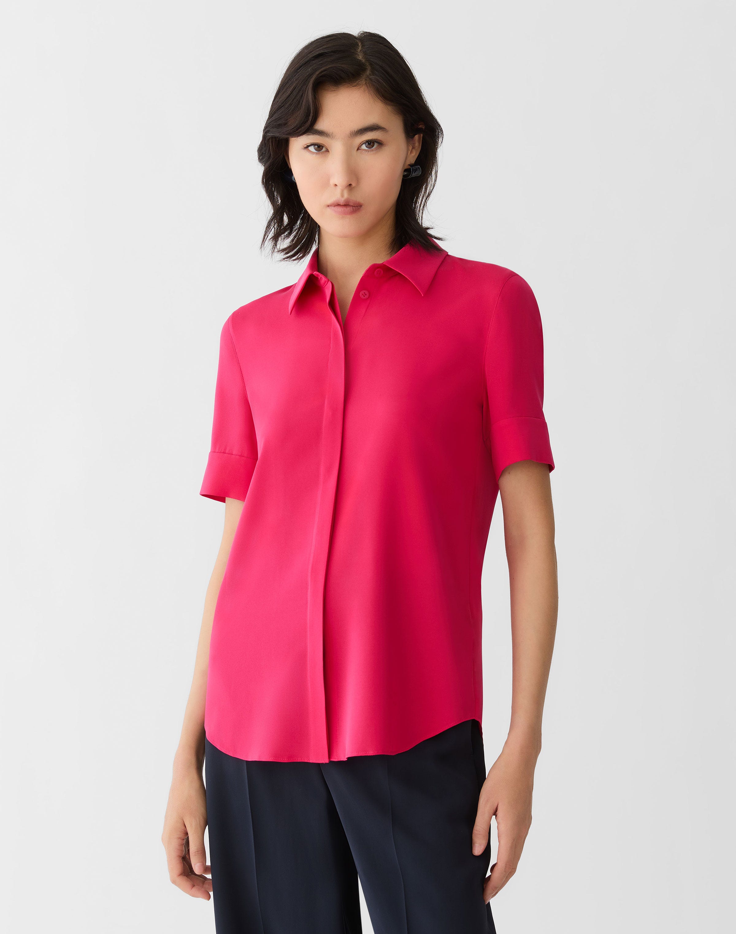 Organic Silk Stretch Georgette Short Sleeve Button Blouse