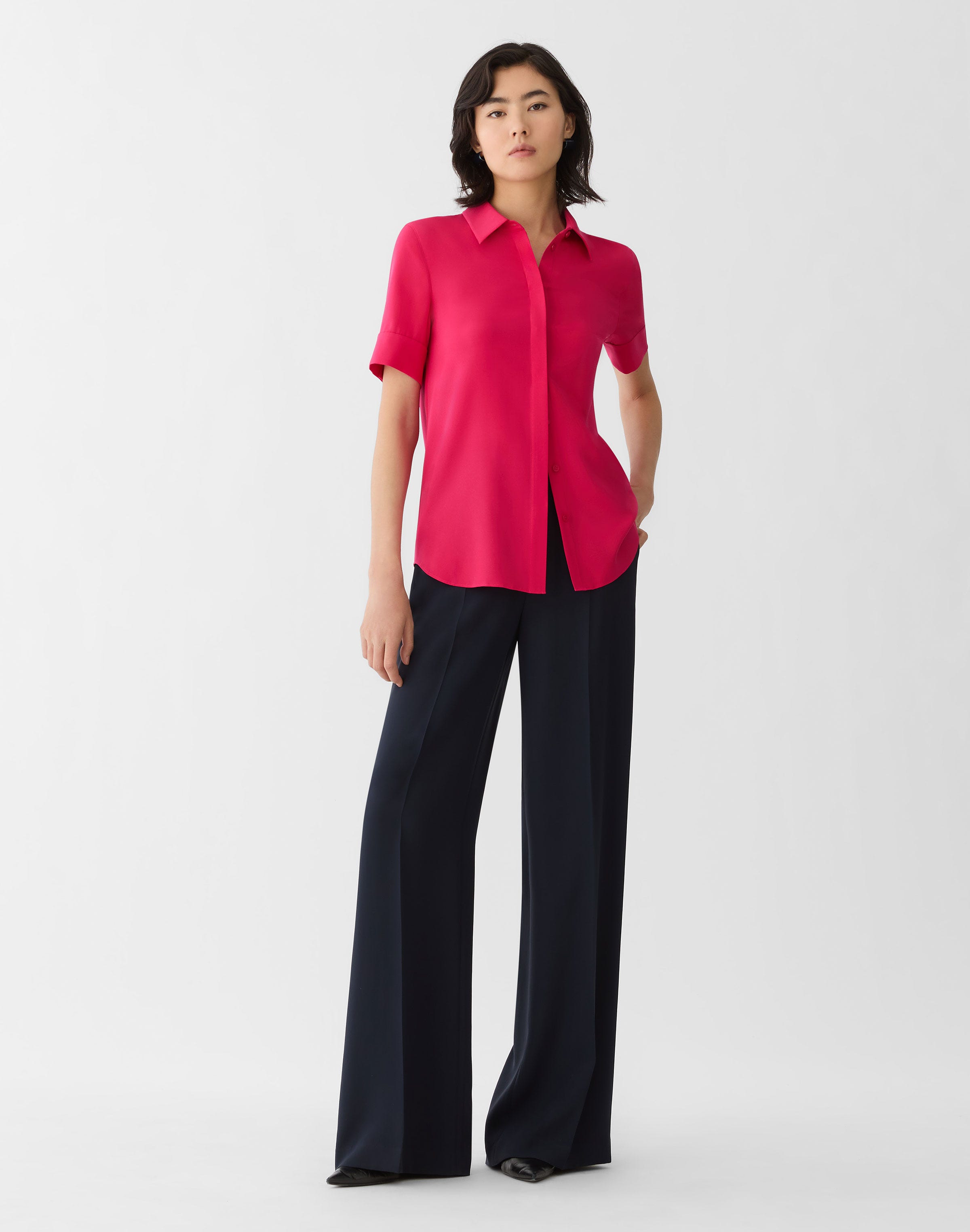 Organic Silk Stretch Georgette Short Sleeve Button Blouse