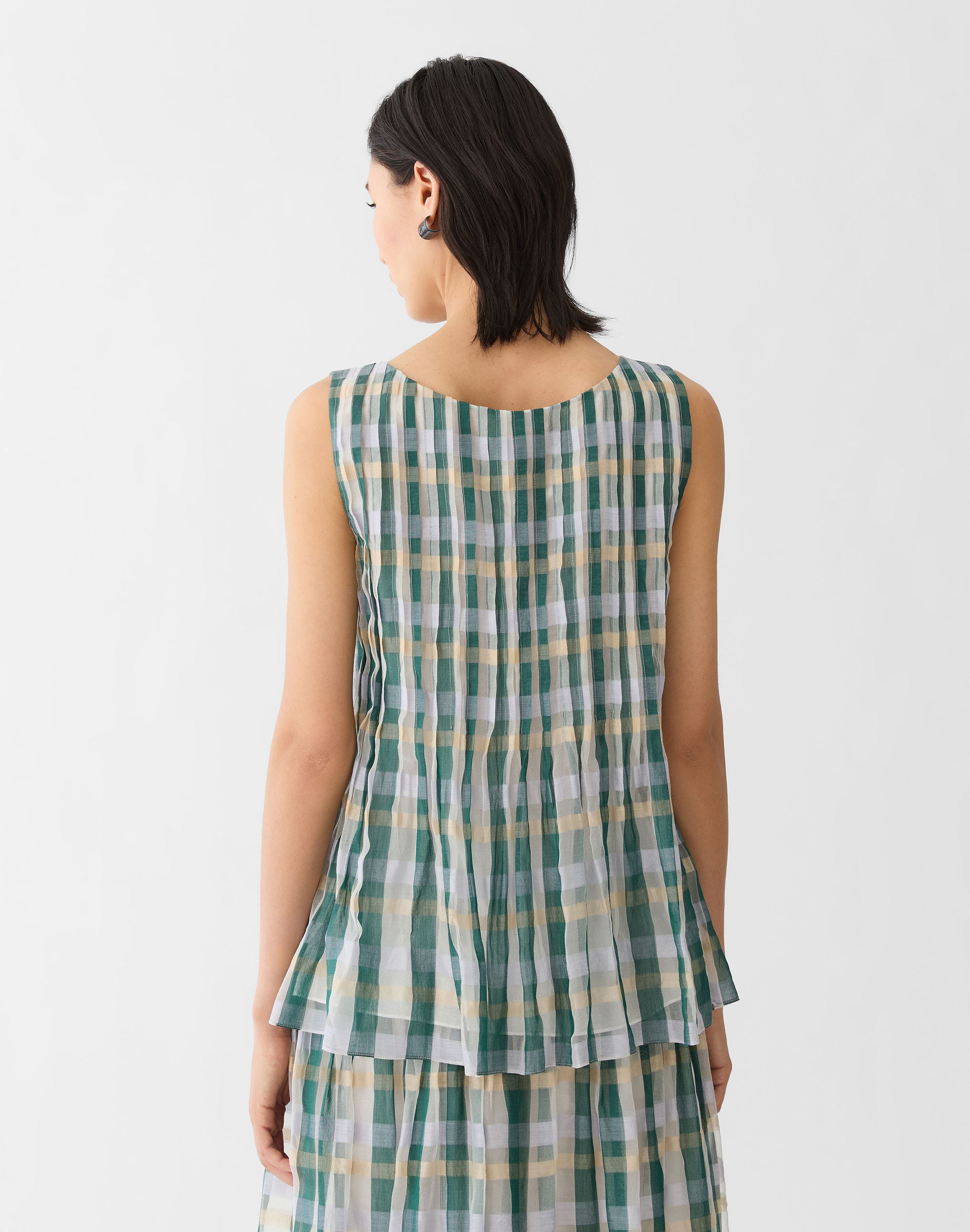 Cotton-Silk Plaid Hand Pintucked Blouse