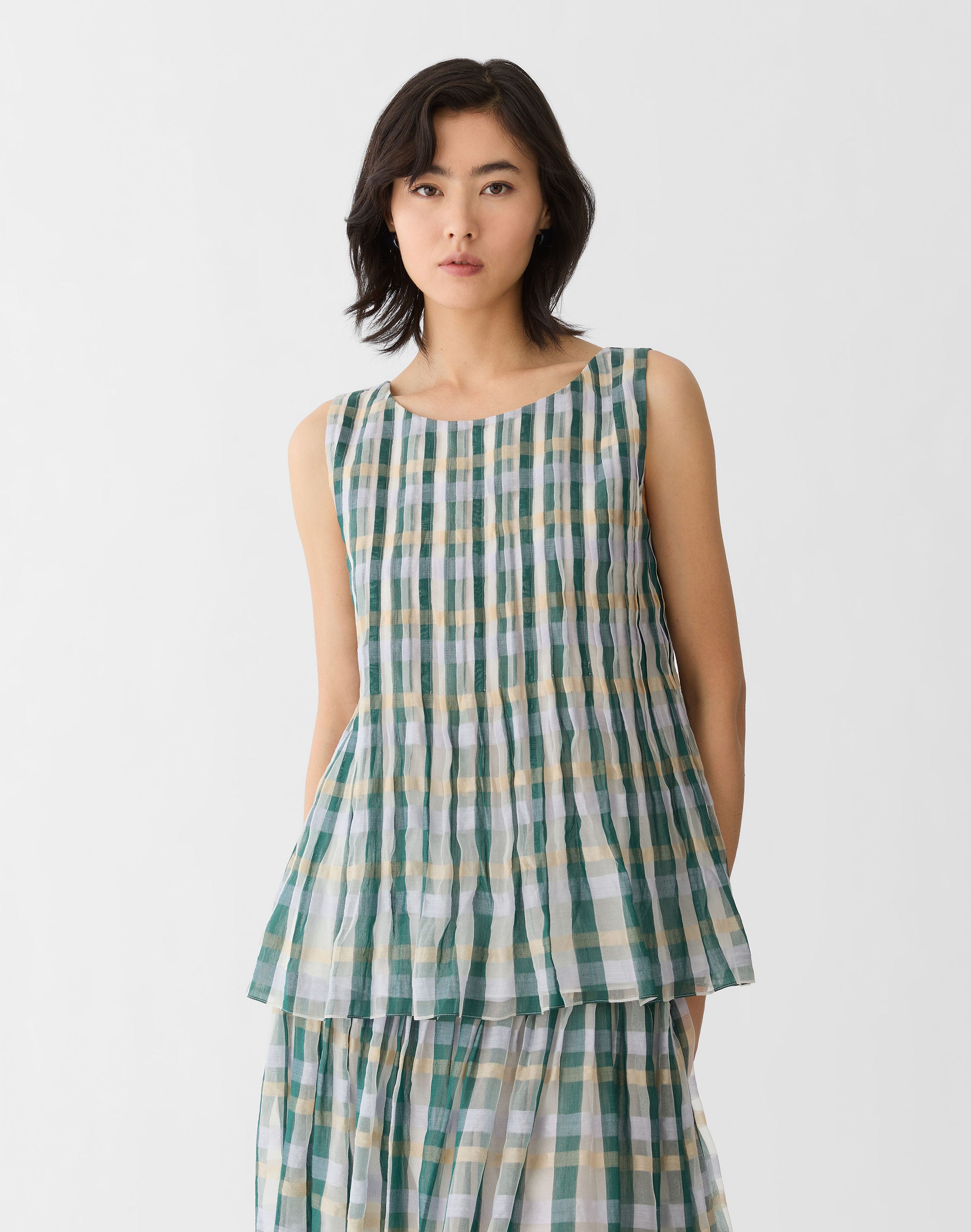 Cotton-Silk Plaid Hand Pintucked Blouse