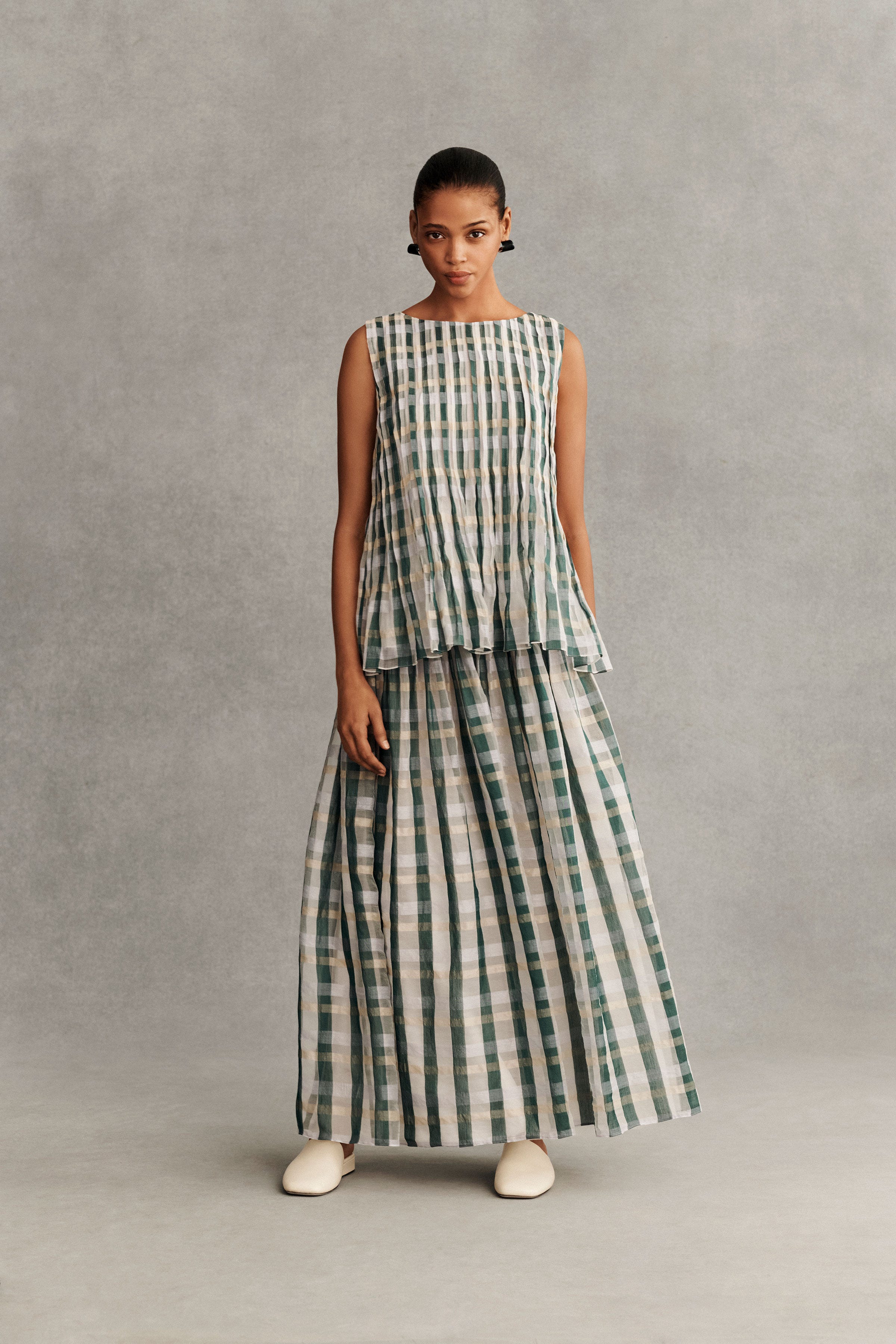 Cotton-Silk Plaid Hand Pintucked Blouse