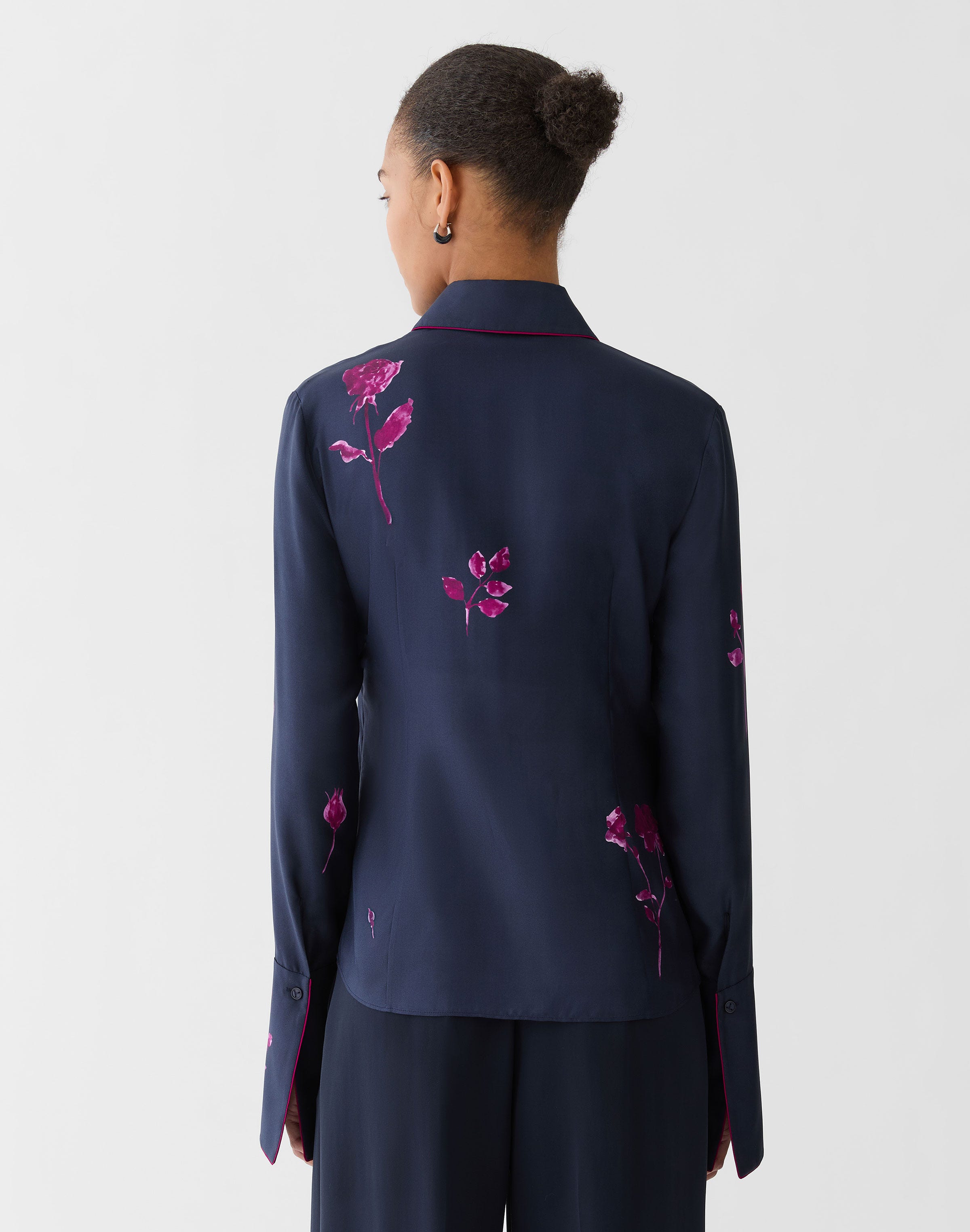 Plus-Size Rose Print Silk Twill French Cuff Blouse