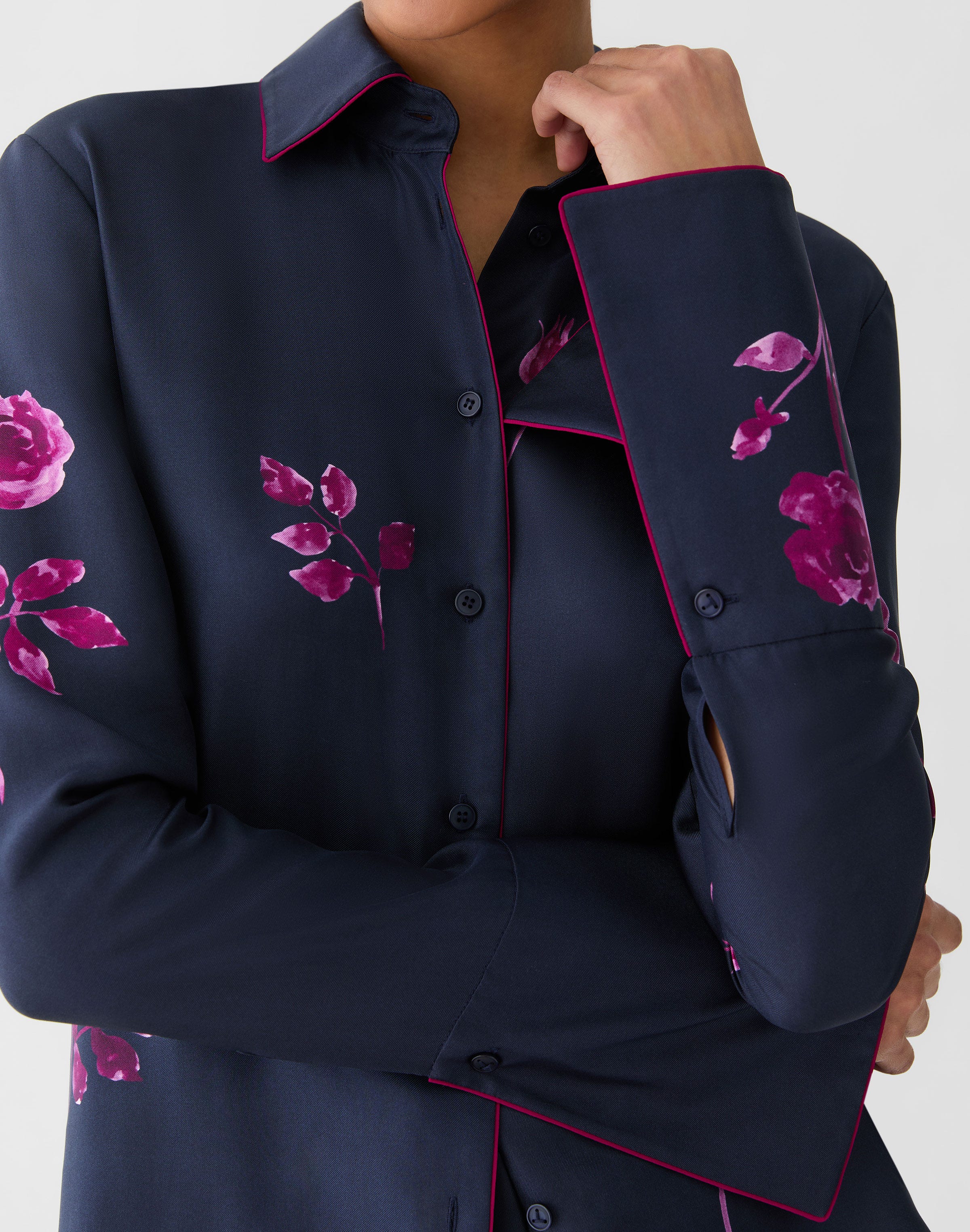 Plus-Size Rose Print Silk Twill French Cuff Blouse