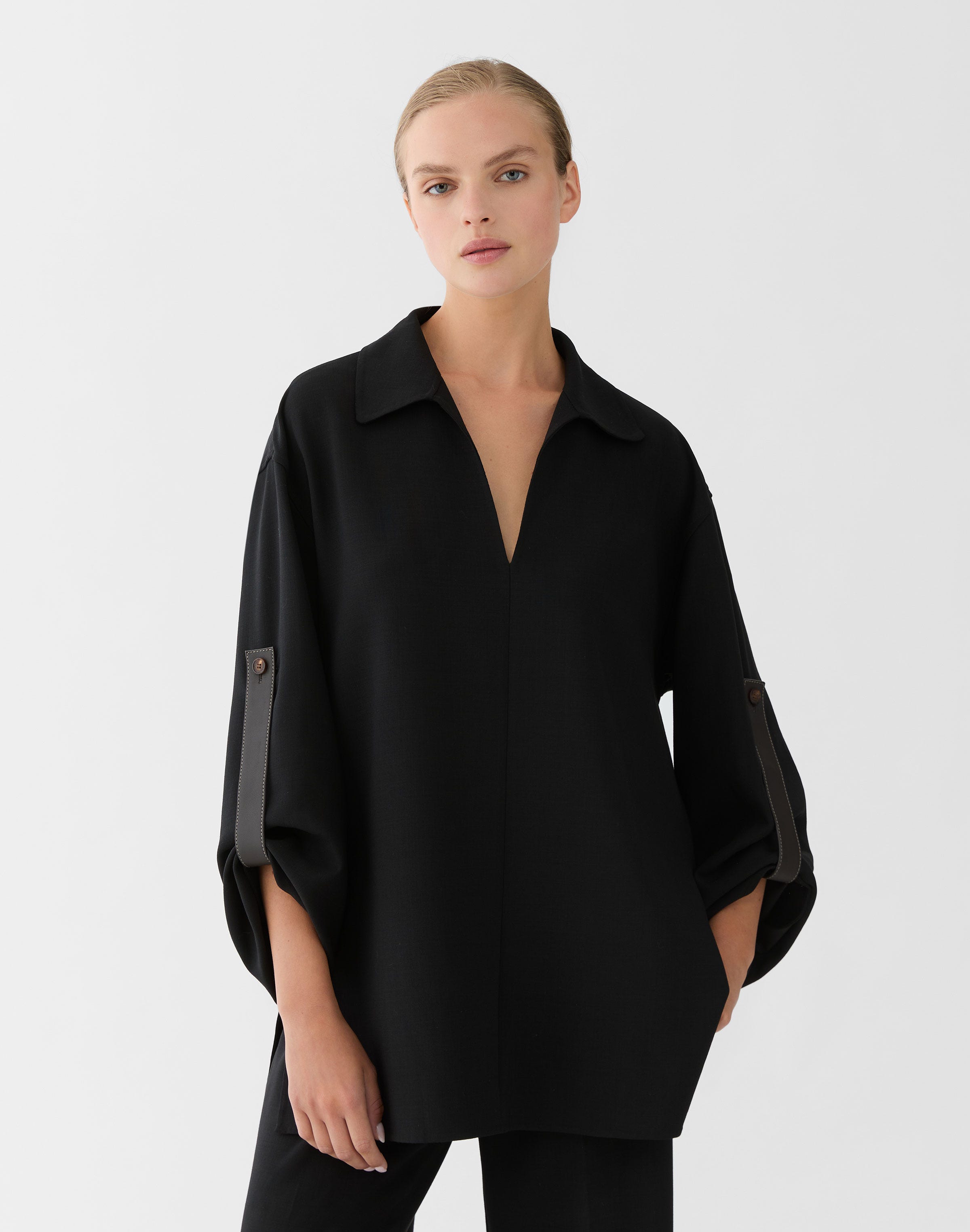 Plus-Size Responsible Wool Double Face Tab Sleeve Blouse 