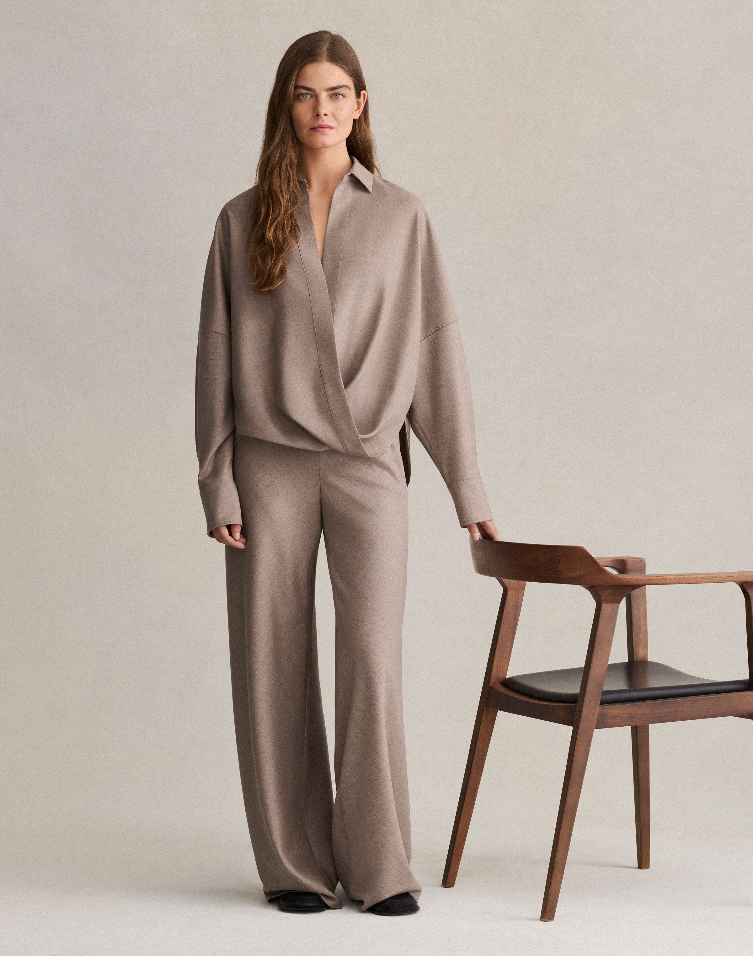 Fluid Wool Popover Wrap Shirt
