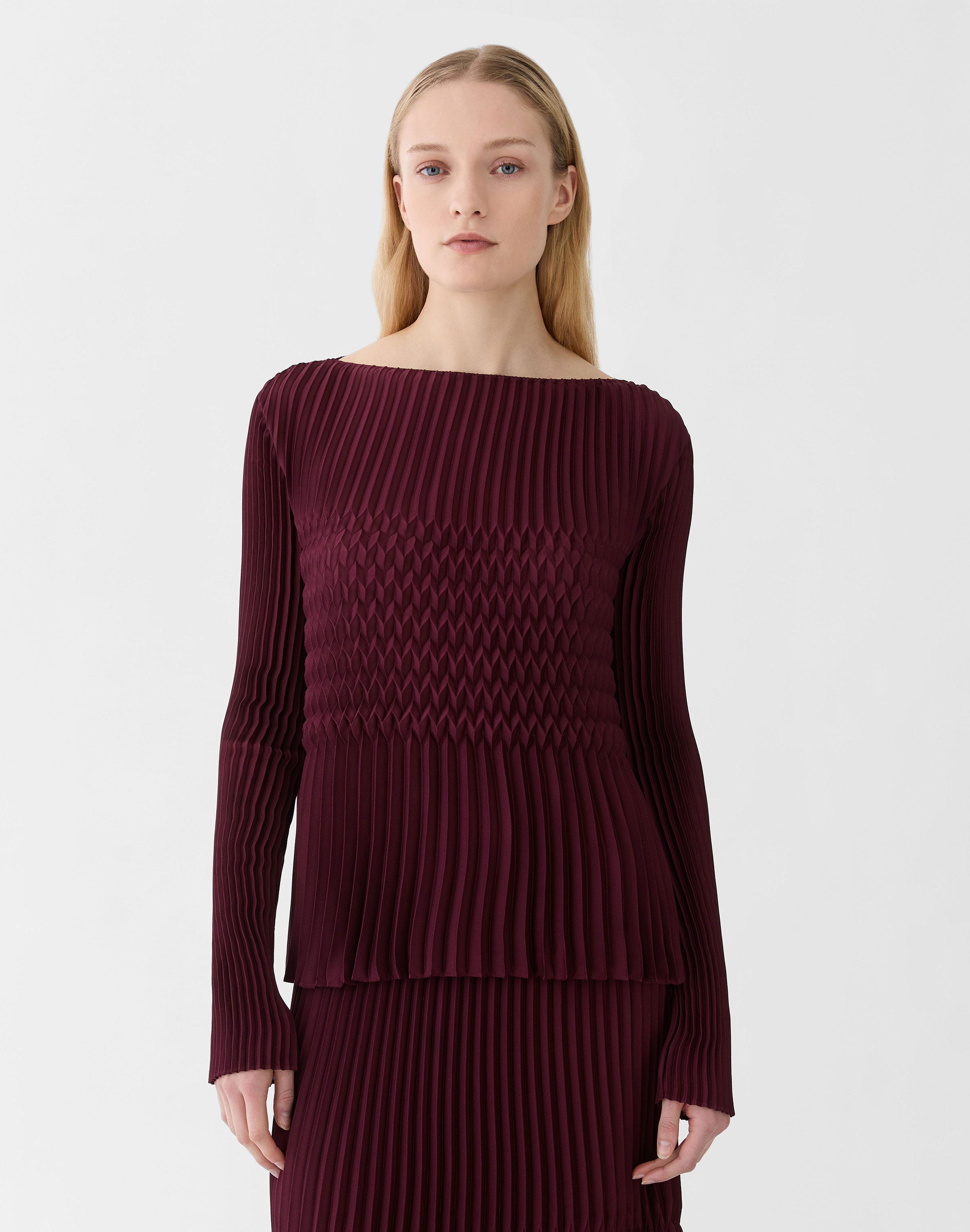 Satin Plissé Long Sleeve Blouse