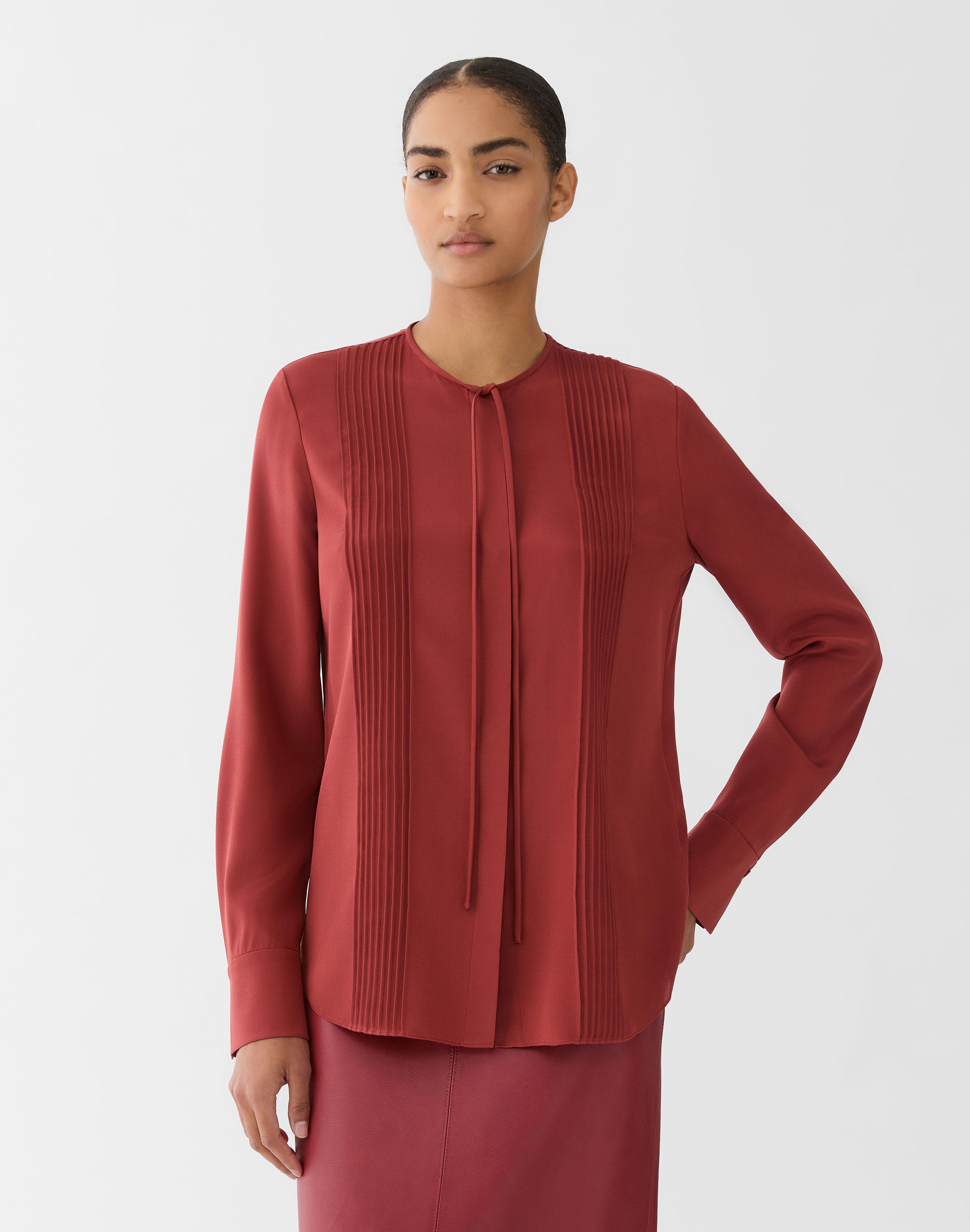 Plus-Size Organic Silk Stretch Georgette Ls Blouse W/ Pintucks