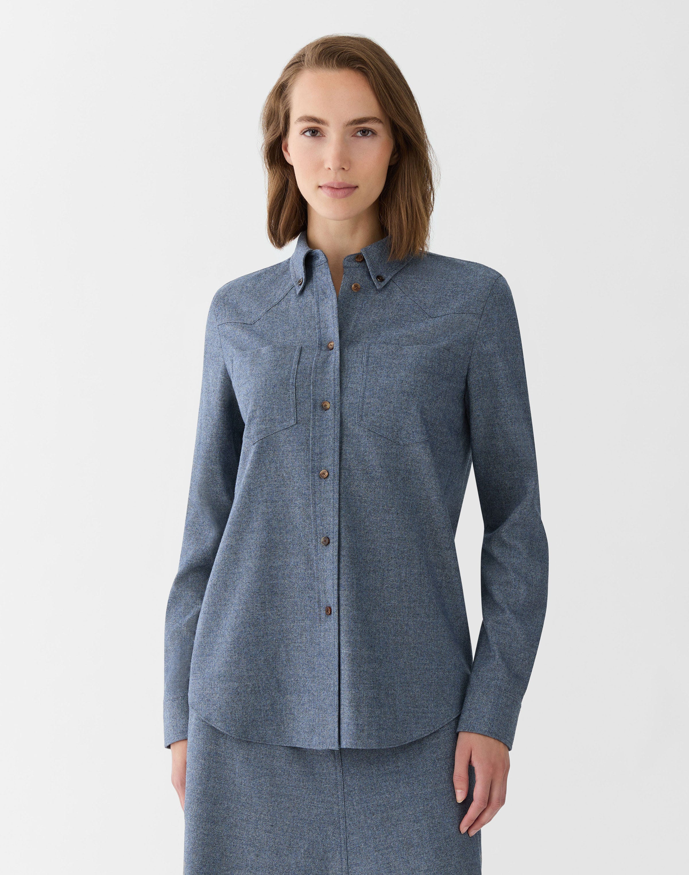 Denim-Effect Wool-Cashmere Flannel Western Blouse