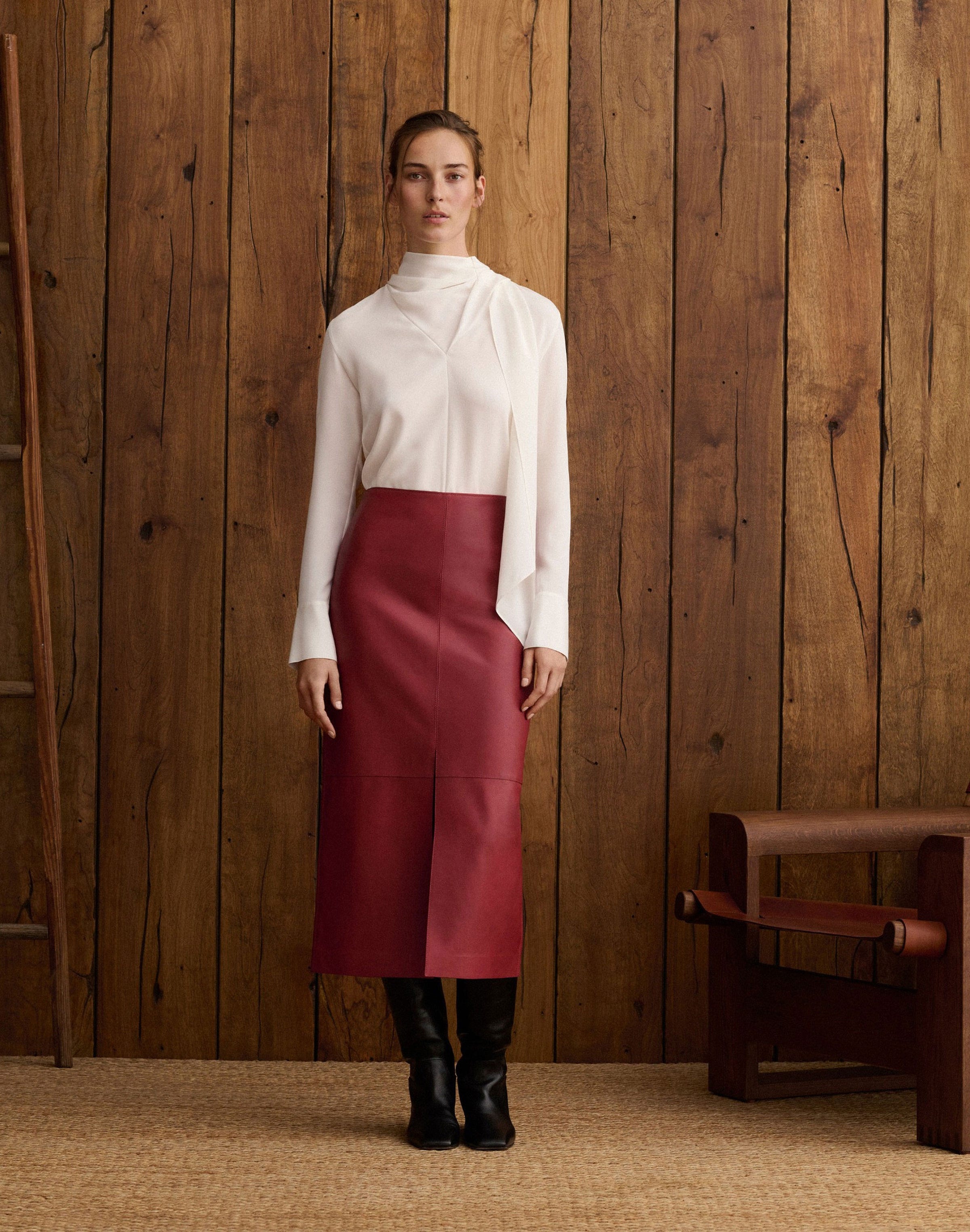 Silk Blouse and Leather Skirt