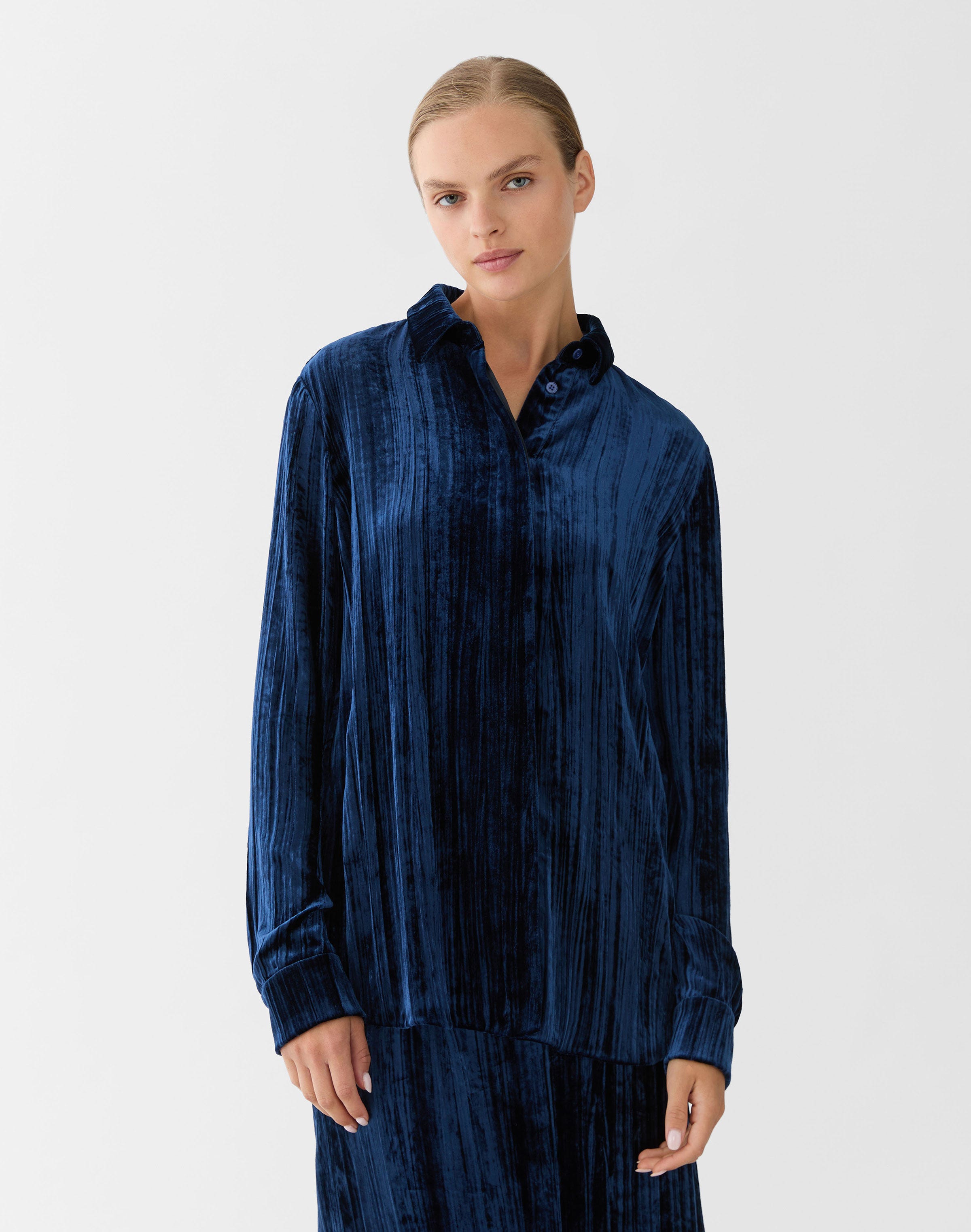 Velvet Plissé Long Sleeve Blouse