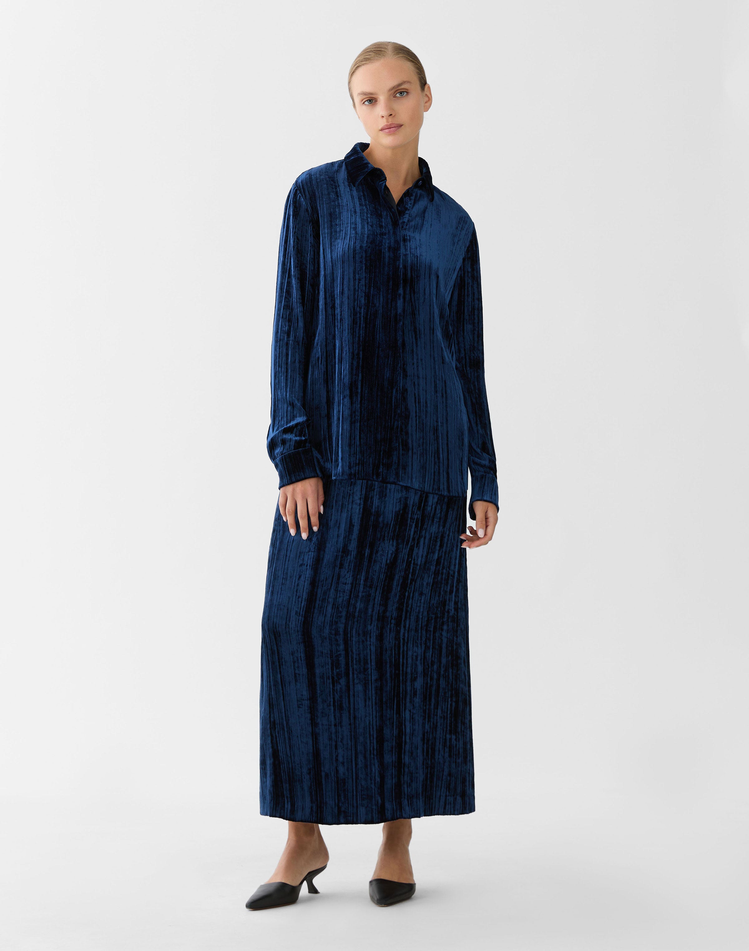 Velvet Plissé Long Sleeve Blouse