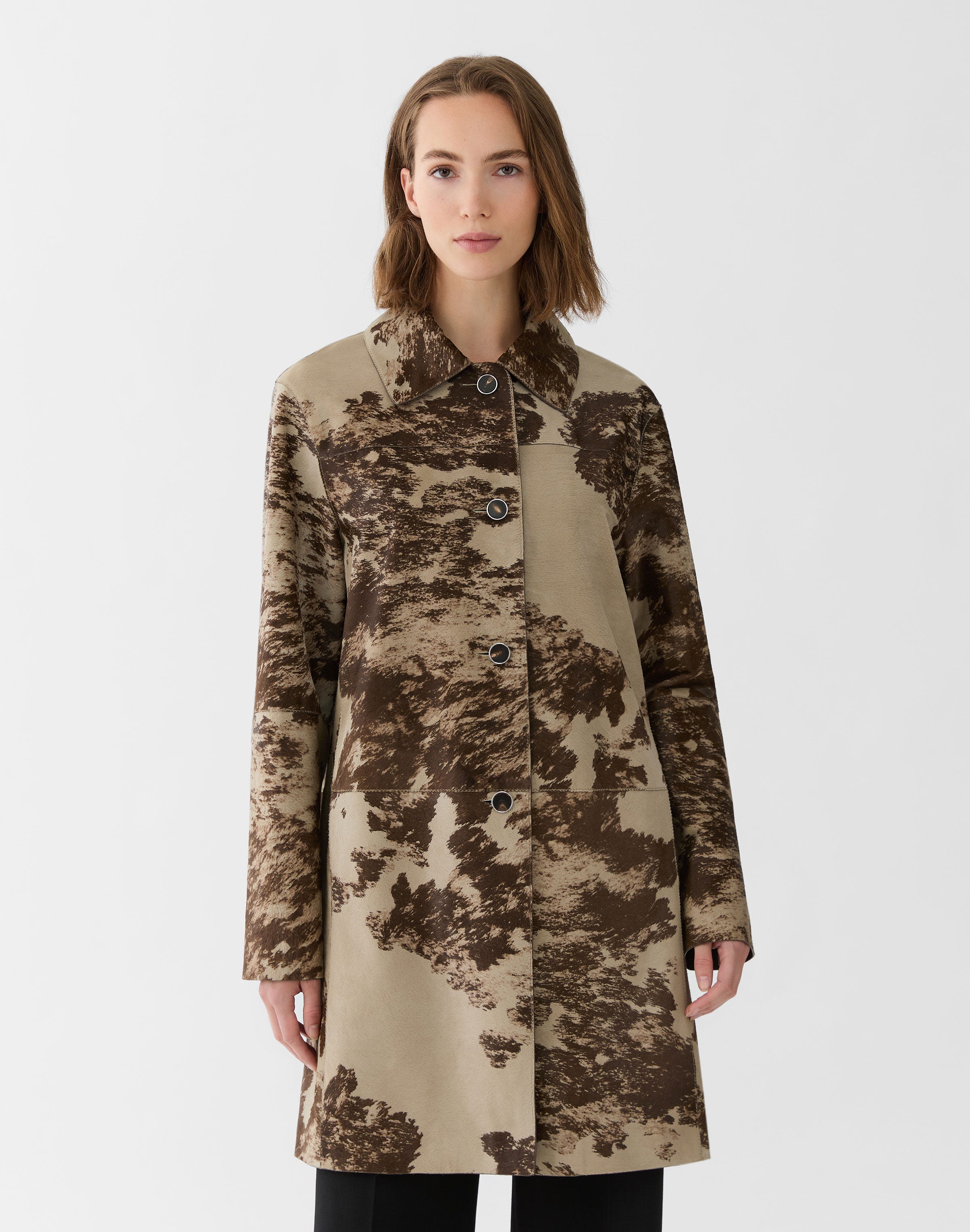 Printed Calf Hair Leather Trim Coat