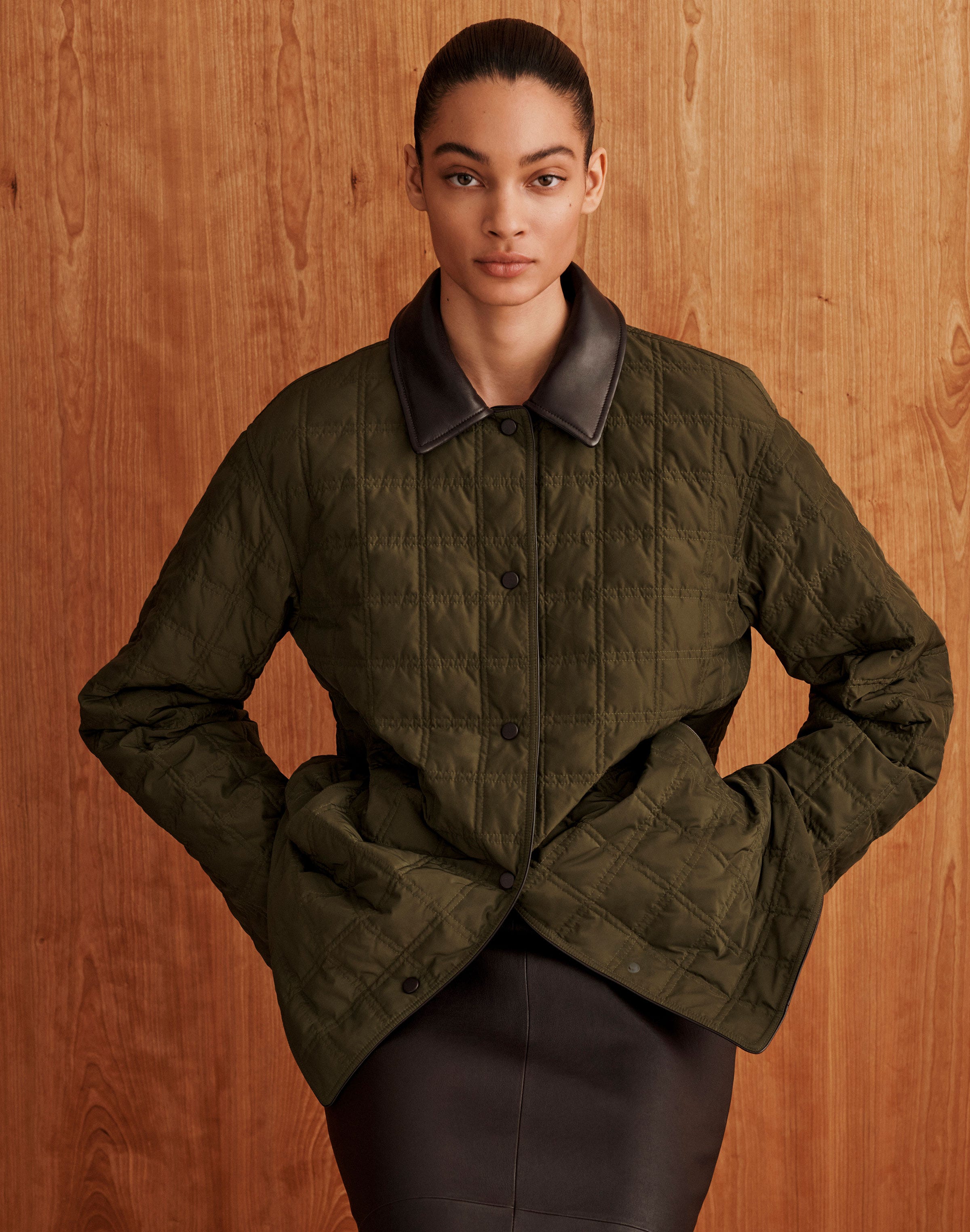 Quilted Down Reversible Coat and Leather Skirt