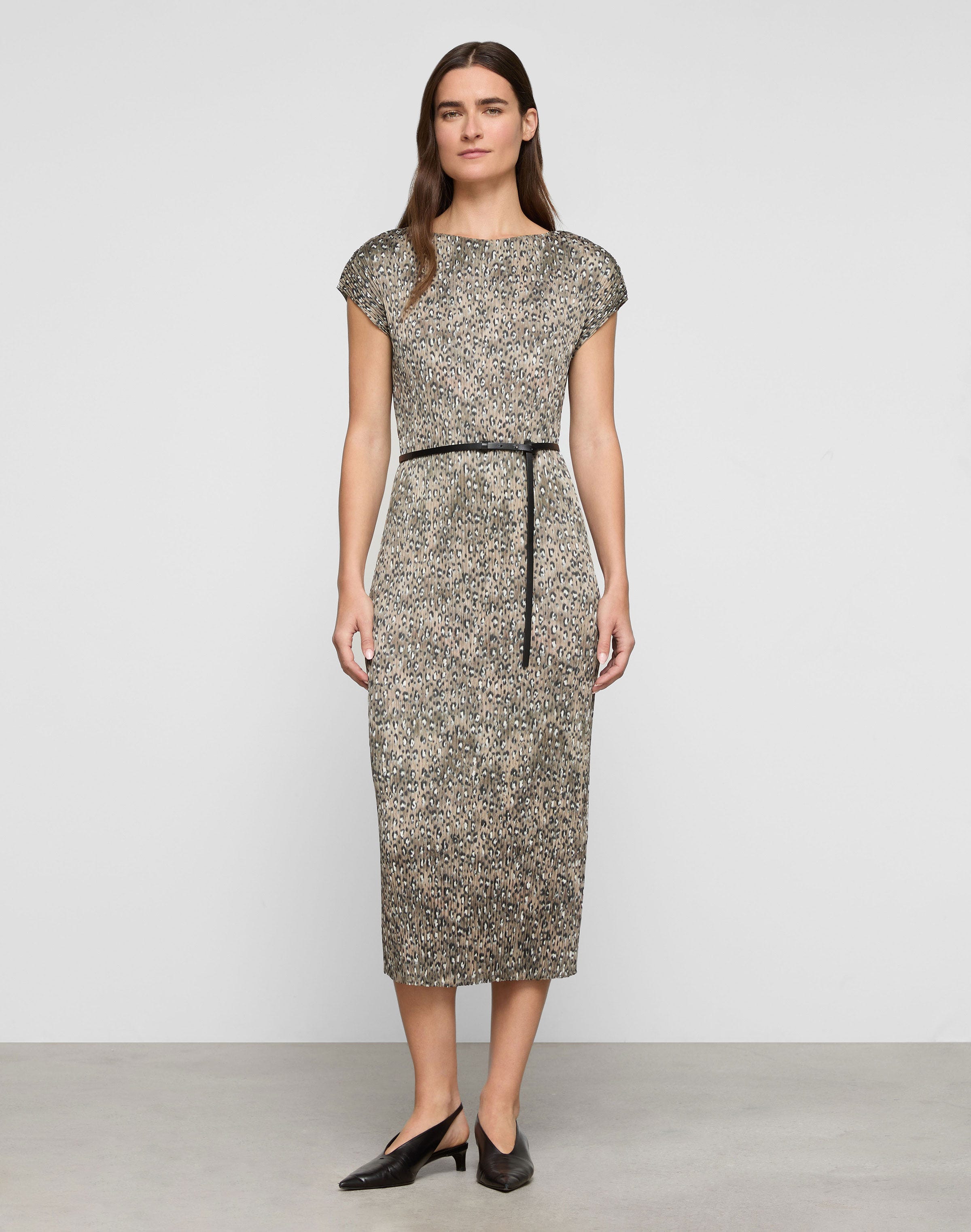 Leopard Print Satin Belted Midi Dress