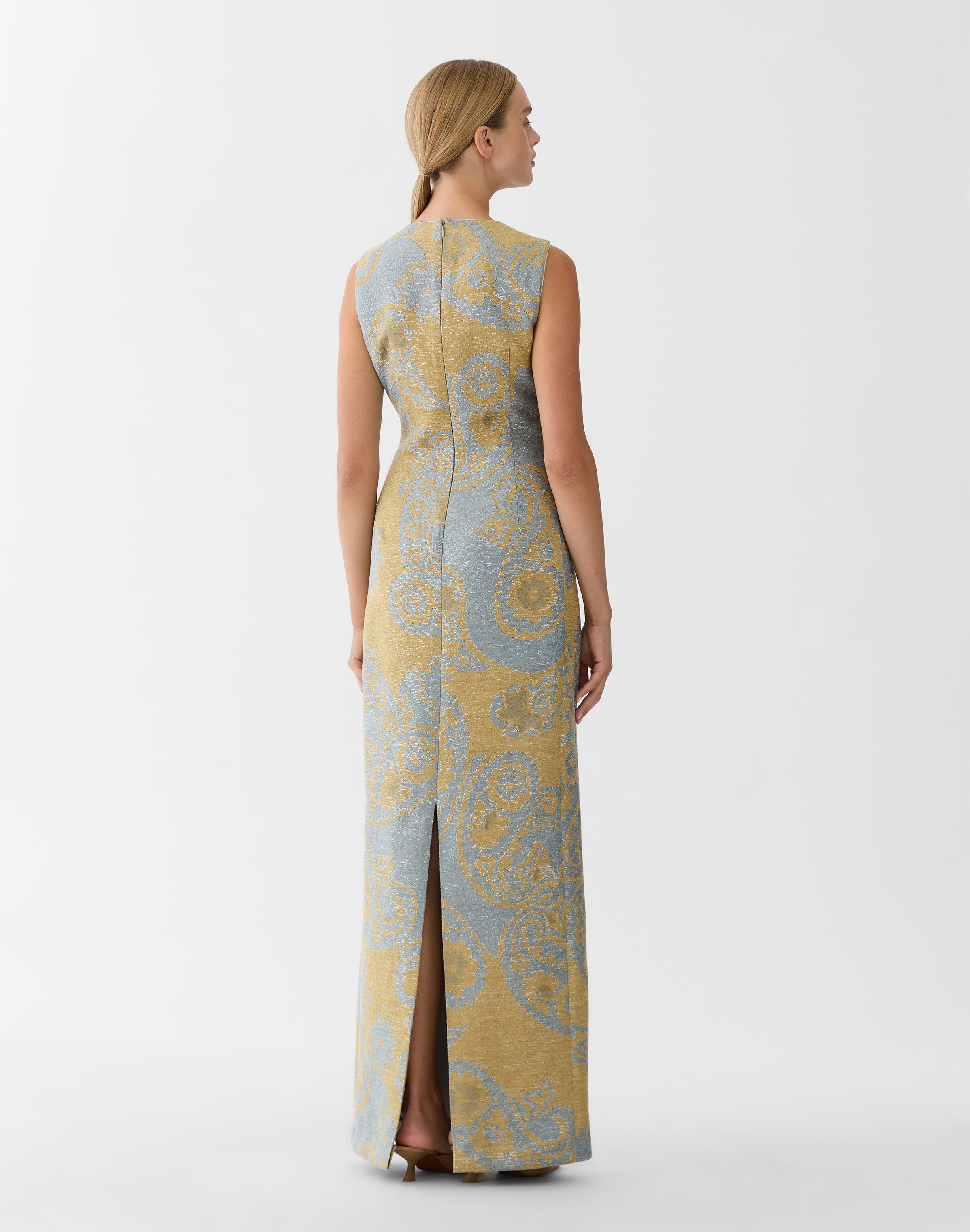Paisley Jacquard Pleated Sleeveless Gown