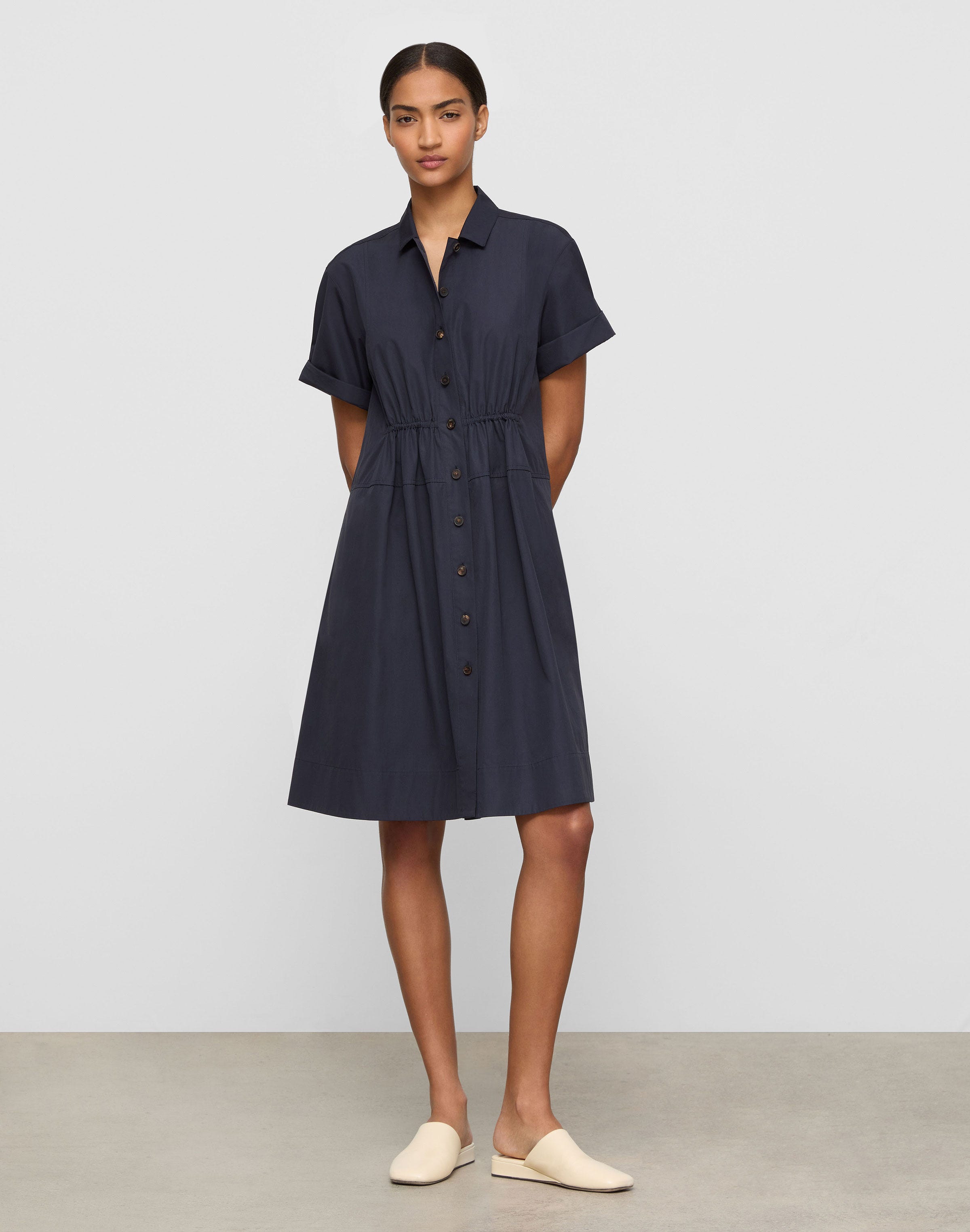 Petite Organic Cotton Poplin Gathered Waist Shirtdress