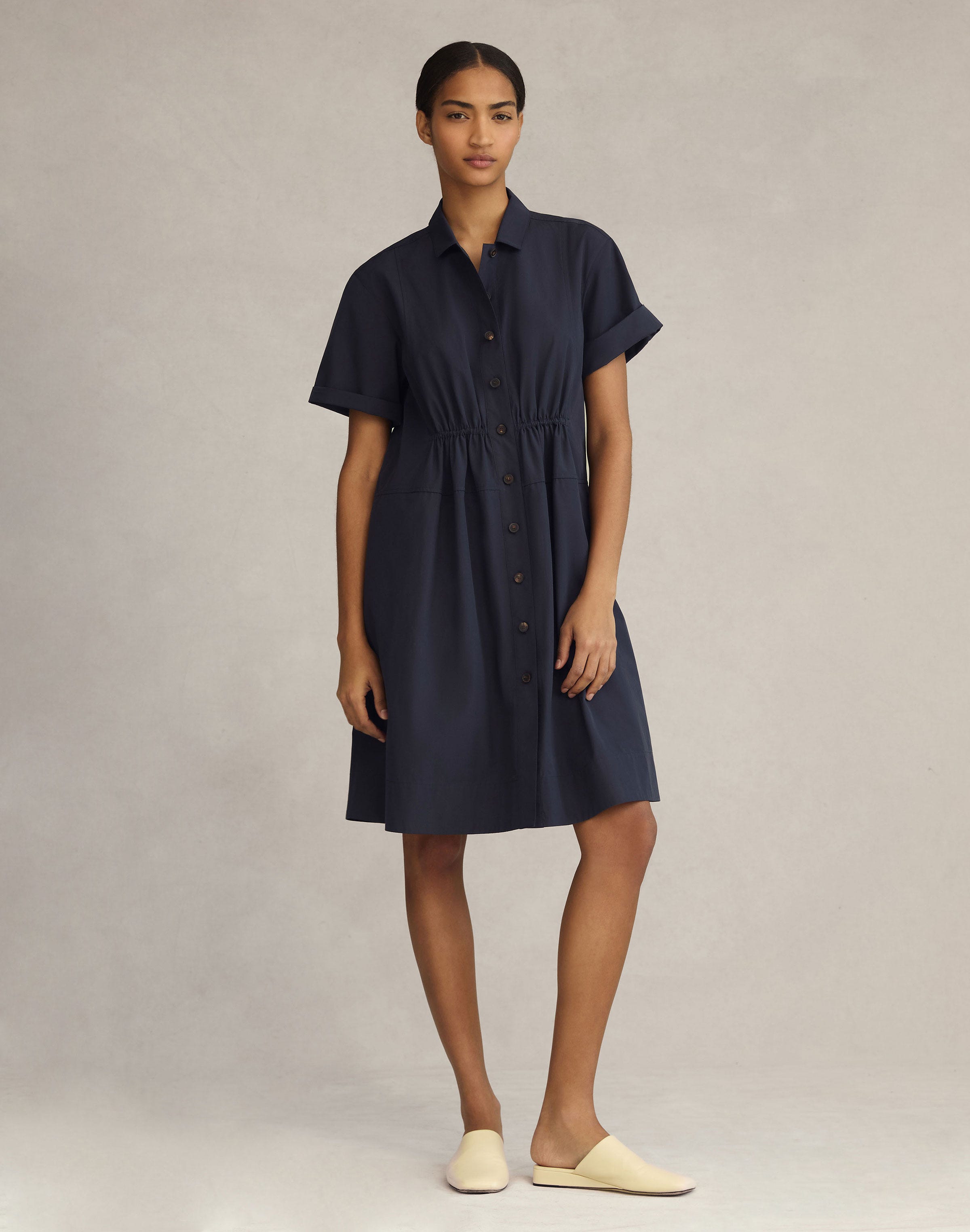 Petite Organic Cotton Poplin Gathered Waist Shirtdress