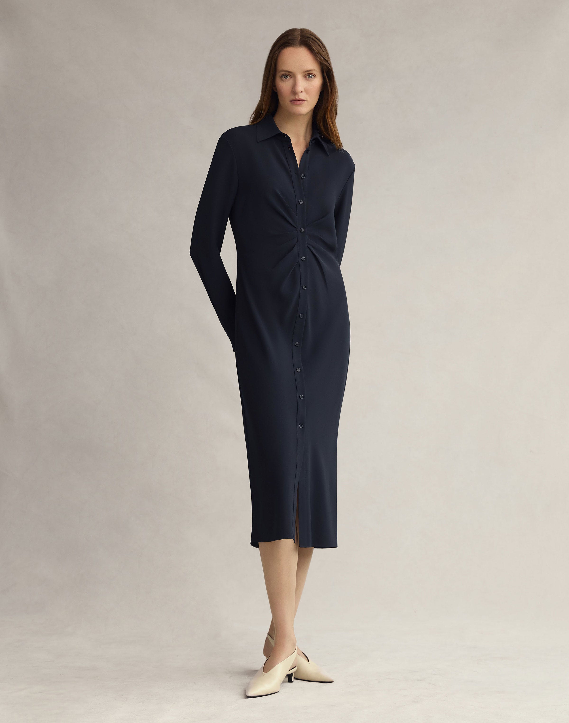 Responsible Finesse Crepe Pleated Waist Shirtdress